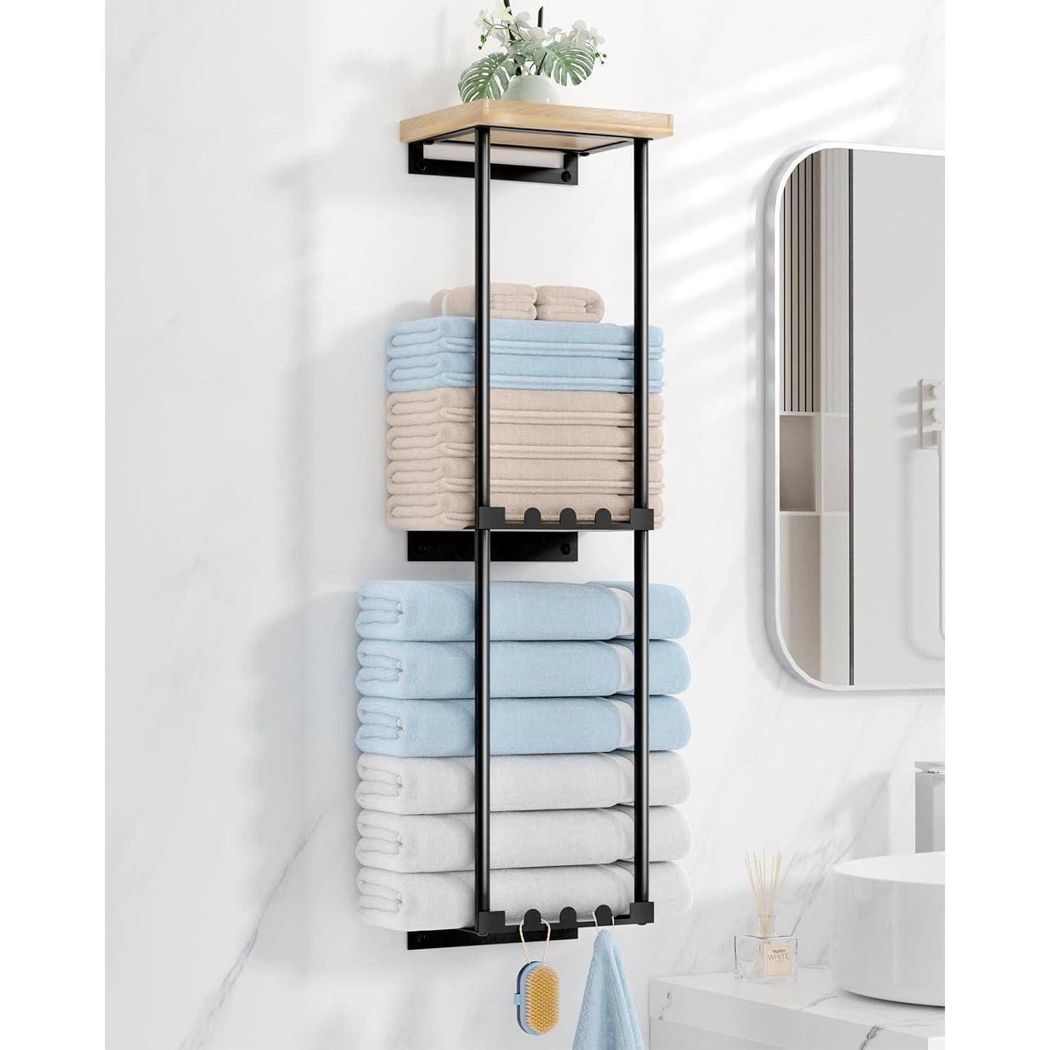 Handtuchregal bohrfrei Wandmontage Ablage 6 Handtuchhaken Schwarz