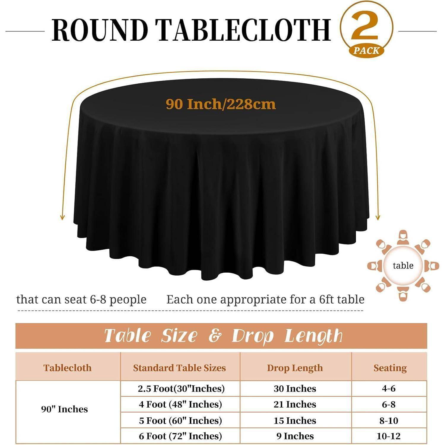 Runde schwarze Tischdecke, geeignet für Tische mit 6-8 Sitzplätzen, 90 Zoll im Durchmesser. Enthält eine Grafik, die Tischgröße und Sitzkapazität zeigt: 30 Zoll passt für 4-6 Personen, 48 Zoll passt für 6-8 Personen, 60 Zoll passt für 8-10 Personen, 72 Zoll passt für 10-12 Personen.