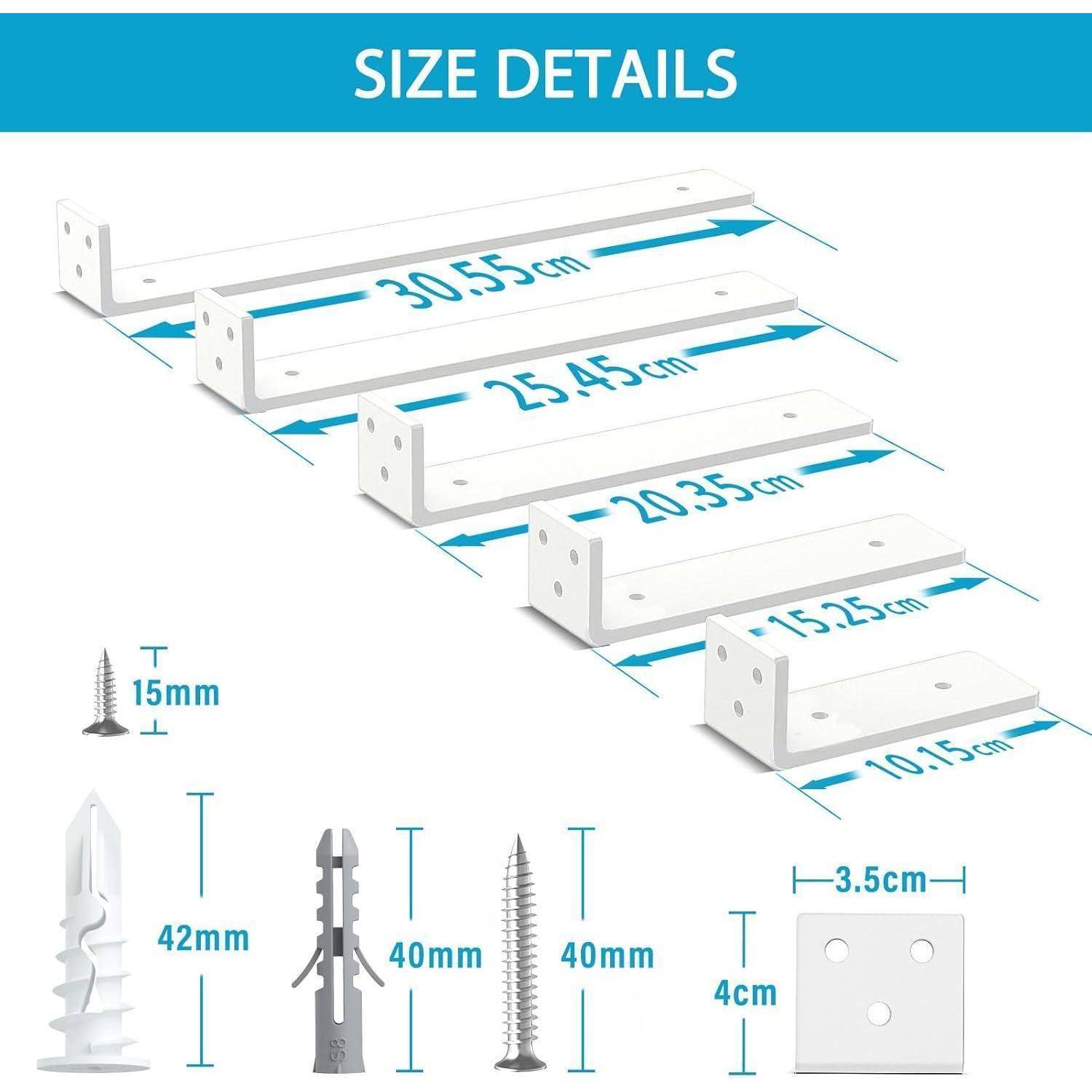 Größendetails für Regalhalterungen und Schrauben: Halterungen reichen von 30,55 cm bis 10,15 cm. Schrauben sind 40 mm und 15 mm, Dübel sind 42 mm.