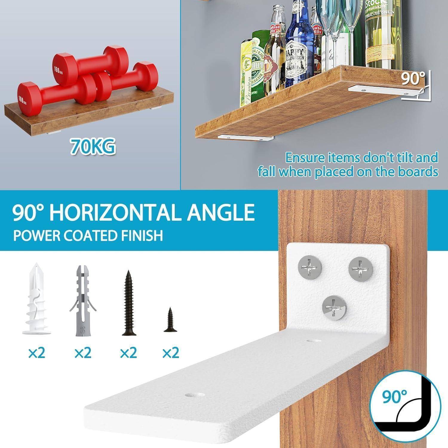 Weißer L-förmiger Regalscharnier hält Flaschen. Rote Kurzhanteln auf einem Regal zeigen eine Tragfähigkeit von '70 KG'. Text: '90° horizontaler Winkel, pulverbeschichtete Oberfläche'.