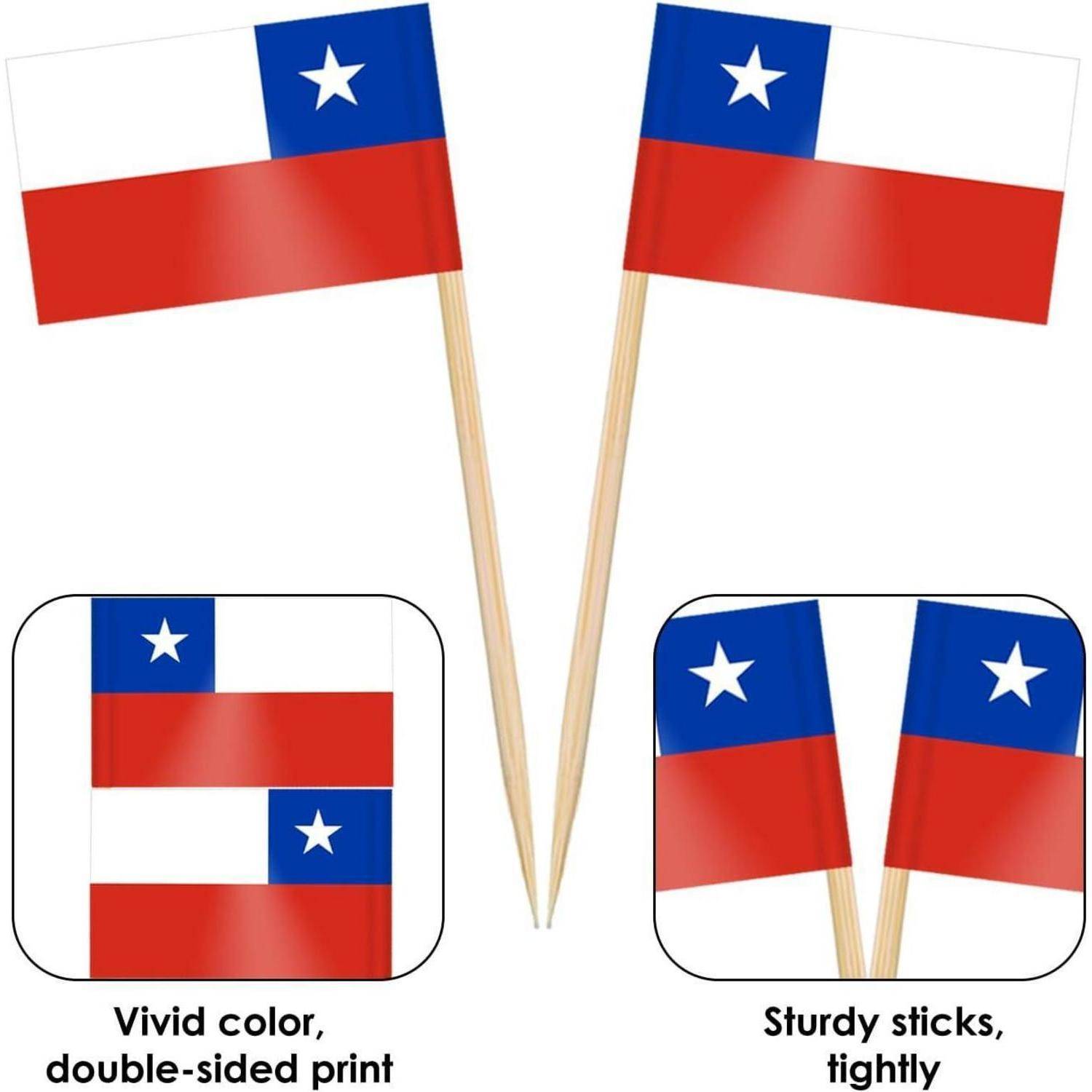 Zwei kleine Flaggen mit blauem Quadrat und weißem Stern, roten und weißen Streifen. Text: 'Lebendige Farbe, beidseitiger Druck' und 'Stabile Stöcke, fest'.