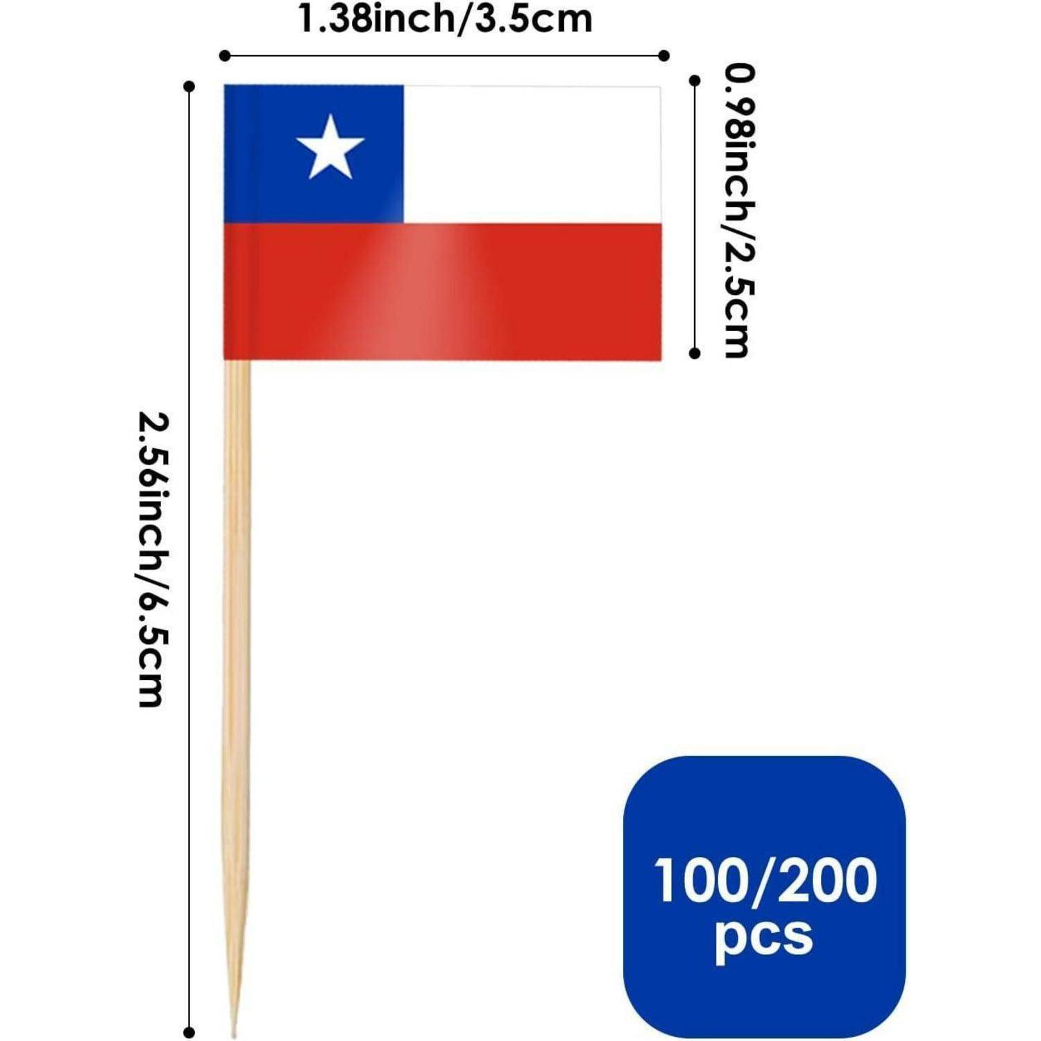 Ein Bild einer chilenischen Flagge auf einem Zahnstocher. Die Flagge ist rechteckig mit einem blauen Quadrat und einem weißen Stern in der linken oberen Ecke sowie roten und weißen Streifen. Maße und Menge '100/200 Stück' werden angezeigt.