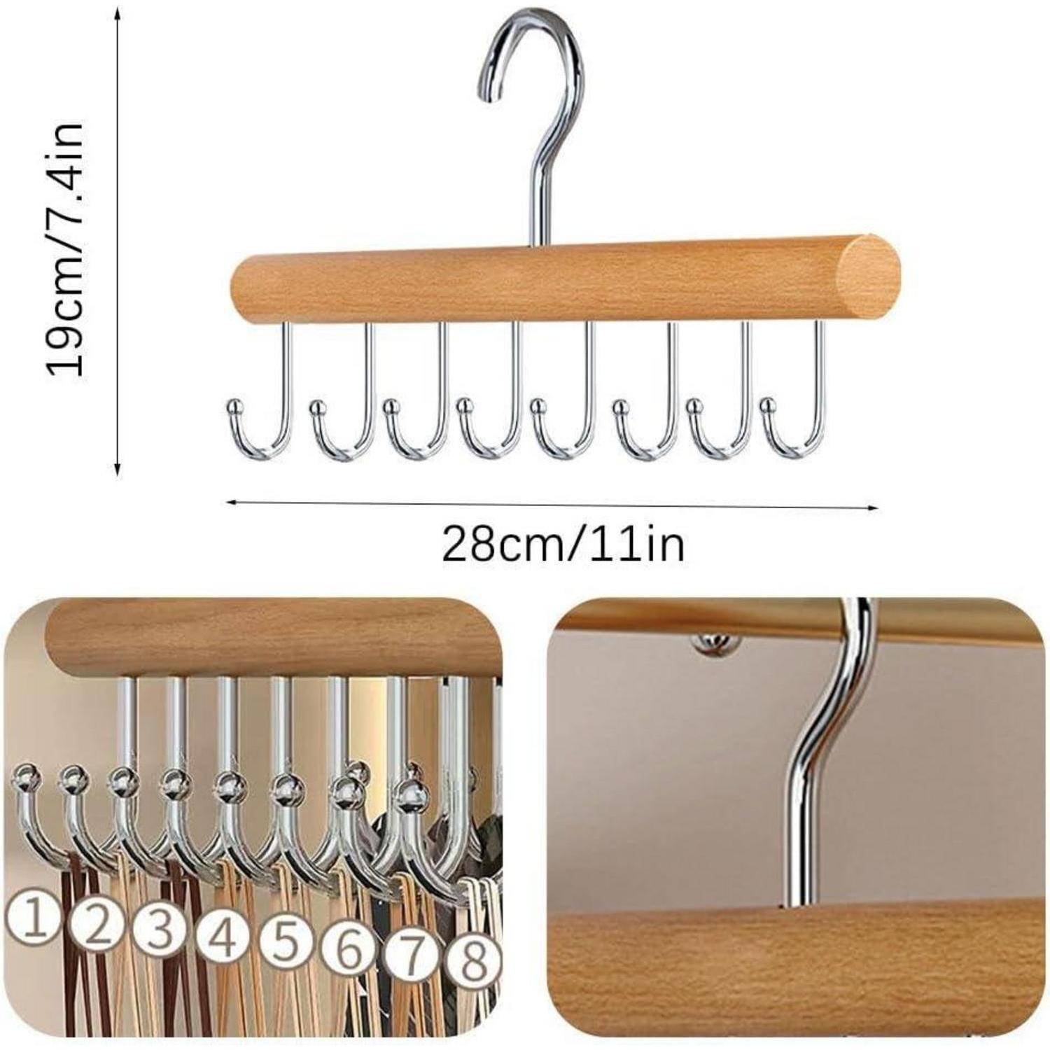 Holz- und Metallhaken-Garderobe mit 10 Haken, 28 cm breit und 19 cm hoch. Bilder zeigen Details der Haken beim Aufhängen von Gegenständen und den Befestigungspunkt.