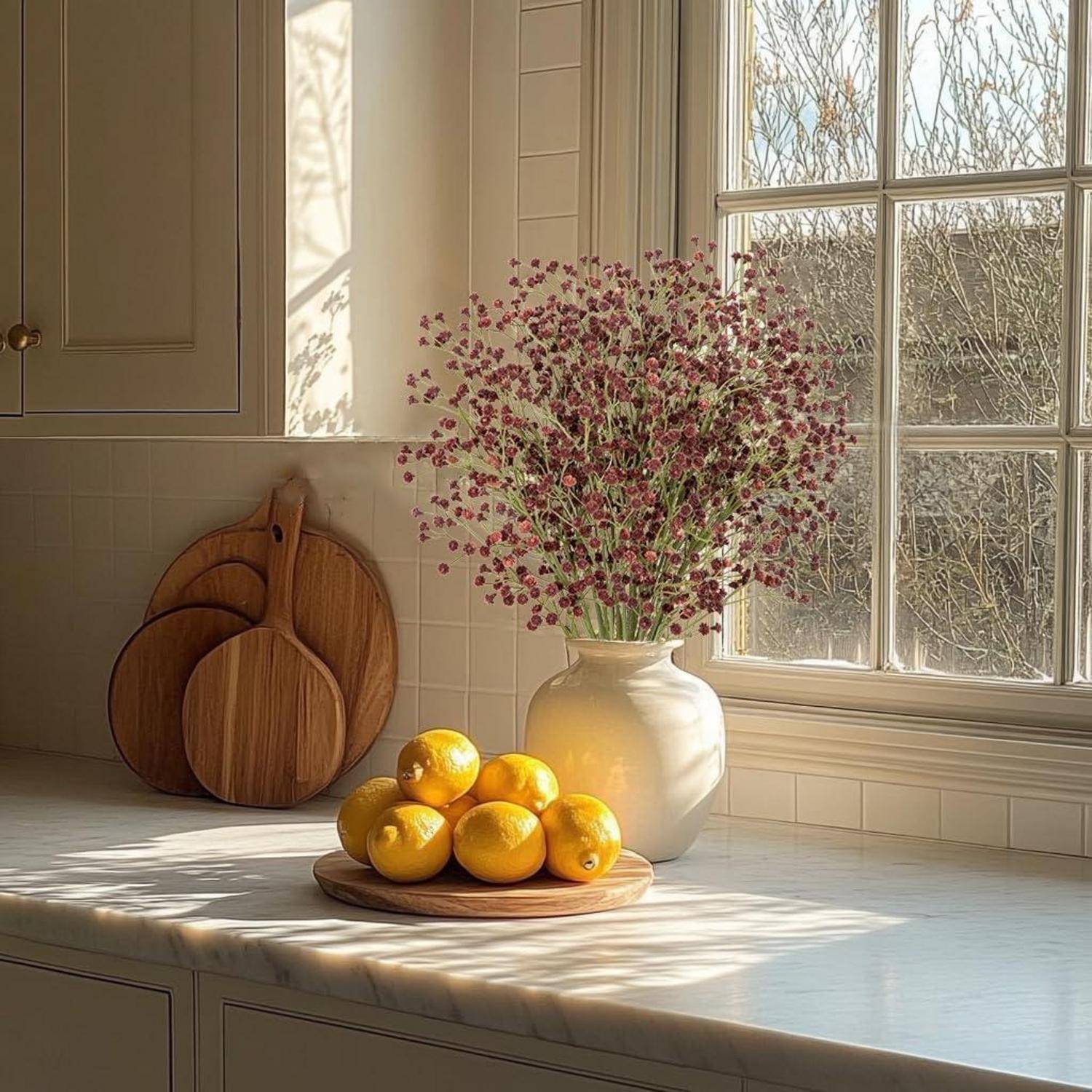 Eine Vase mit pinken Blumen und ein Holzbrett mit Zitronen schmücken eine sonnendurchflutete Küchenarbeitsplatte neben einem Fenster mit Ausblick nach draußen.