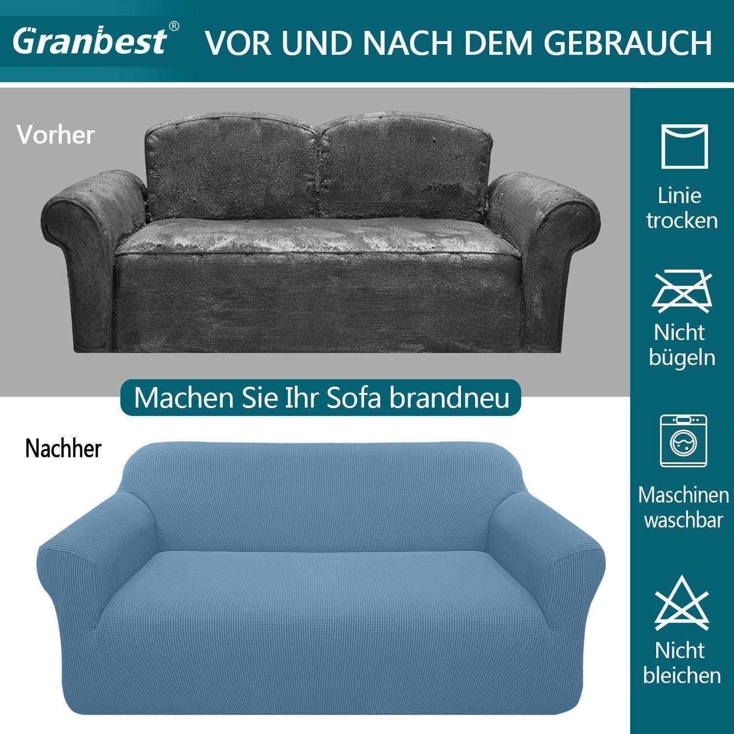 Vorher' zeigt ein abgenutztes graues Sofa. 'Nachher' zeigt dasselbe Sofa, das mit einem sauberen, blauen Überwurf bedeckt ist. Text: 'Trocknen im Schatten, Nicht bügeln, Maschinenwäsche möglich, Nicht bleichen.
