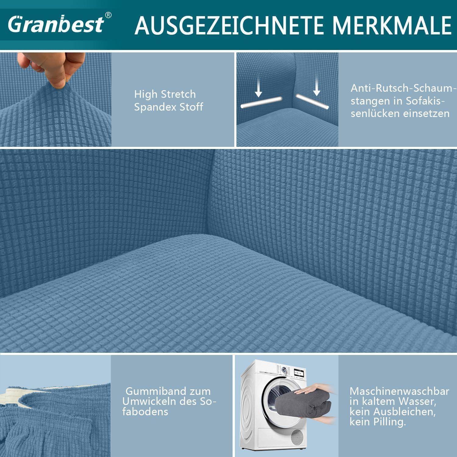 Das Bild zeigt einen blauen Sesselbezug mit hervorgehobenen Eigenschaften: 'Hochelastisches Spandex-Gewebe', 'Rutschfeste Schaumstoffeinsätze', 'Elastisch für rutschfeste Passform', 'Maschinell waschbar', 'Keine Pillingbildung'.