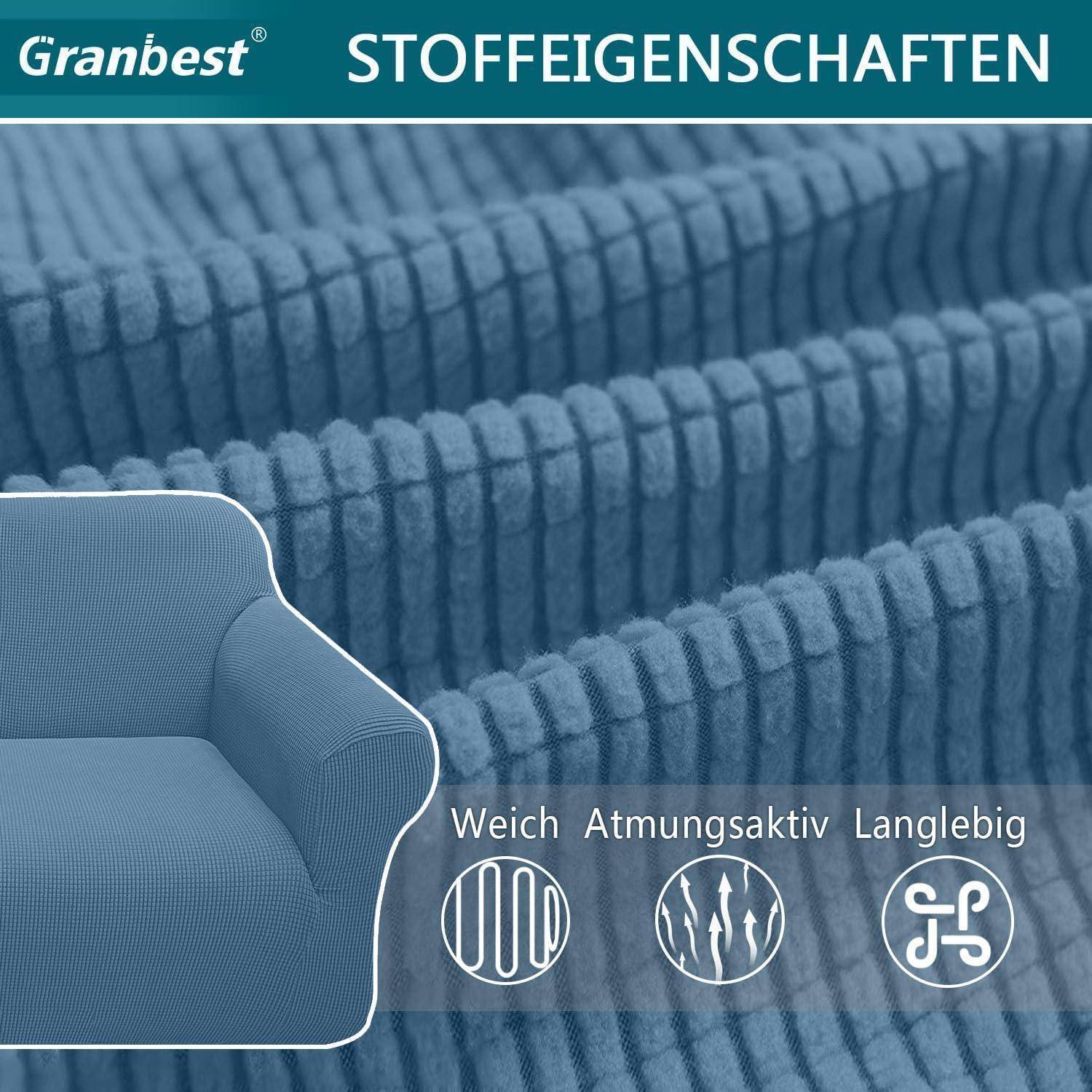 Blaue Stofftextur mit einer Nahaufnahme eines Sofas. Text liest sich ‚Stoffeigenschaften' und Icons beschreiben es als weich, atmungsaktiv und langlebig.