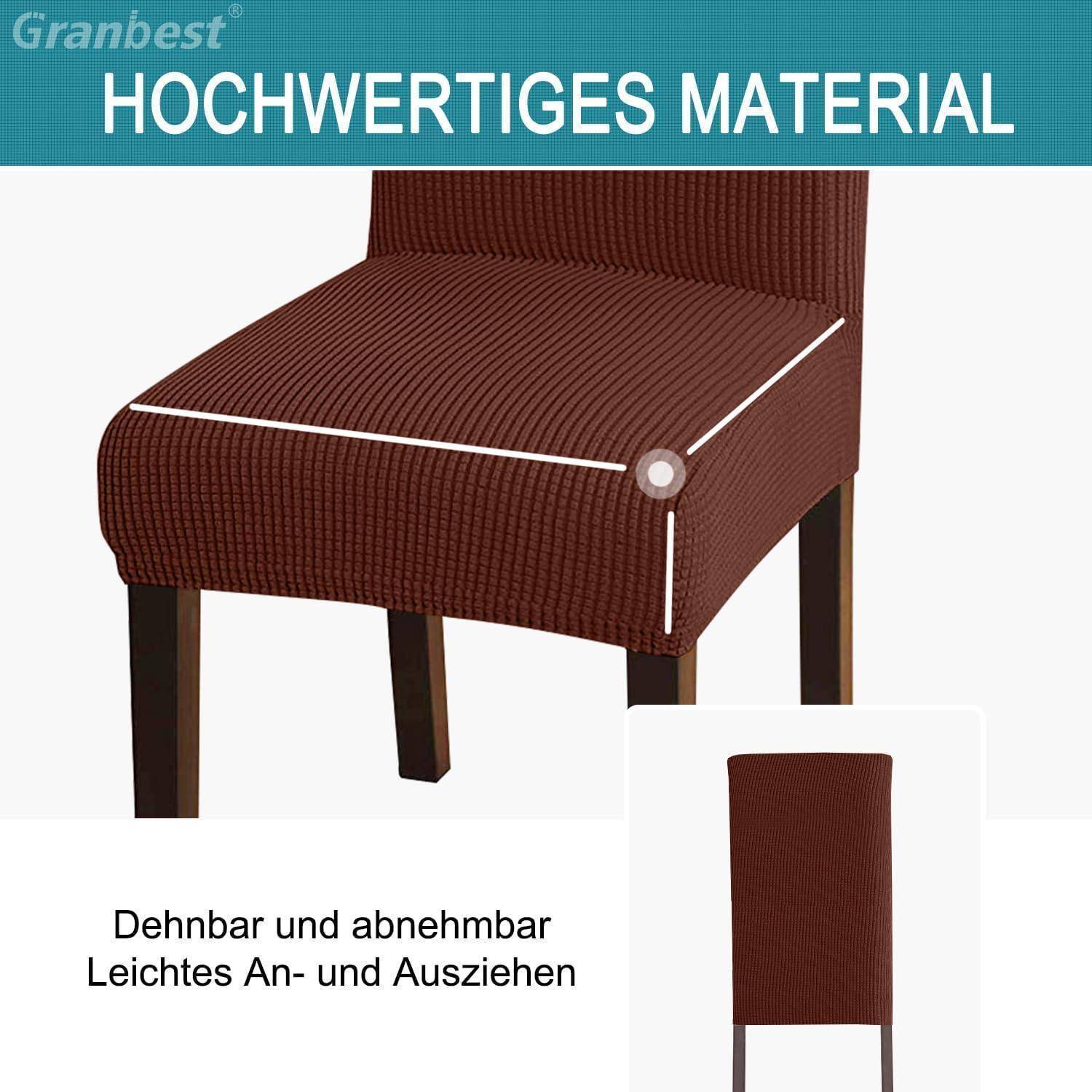 Eine rote Stuhlhusse, die aus verschiedenen Winkeln gezeigt wird und ihre dehnbaren und abnehmbaren Eigenschaften hervorhebt. Text auf Deutsch über hochwertiges Material.