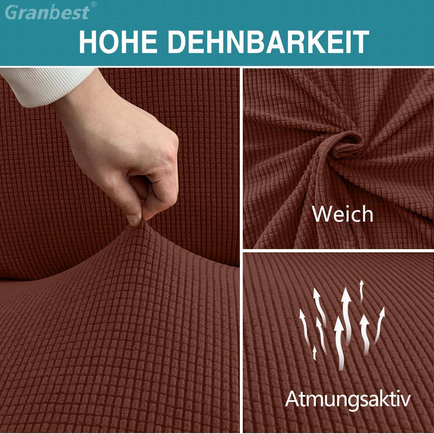 Eine Hand dehnt einen weichen, strukturierten, braunen Stoff. Text liest sich 
