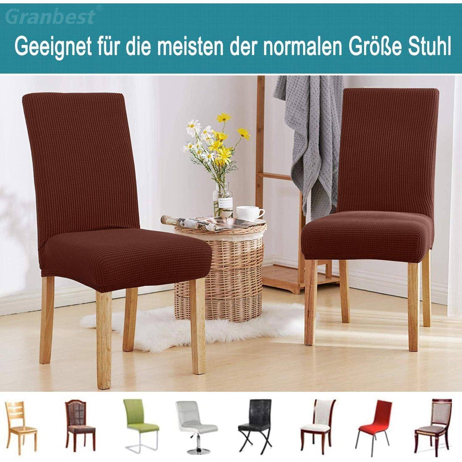 Zwei braune gepolsterte Stühle mit Holzbeinen, ein Wickertisch mit Blumen zwischen ihnen. Verschiedene Stuhldesigns sind unten als passende Beispiele dargestellt.