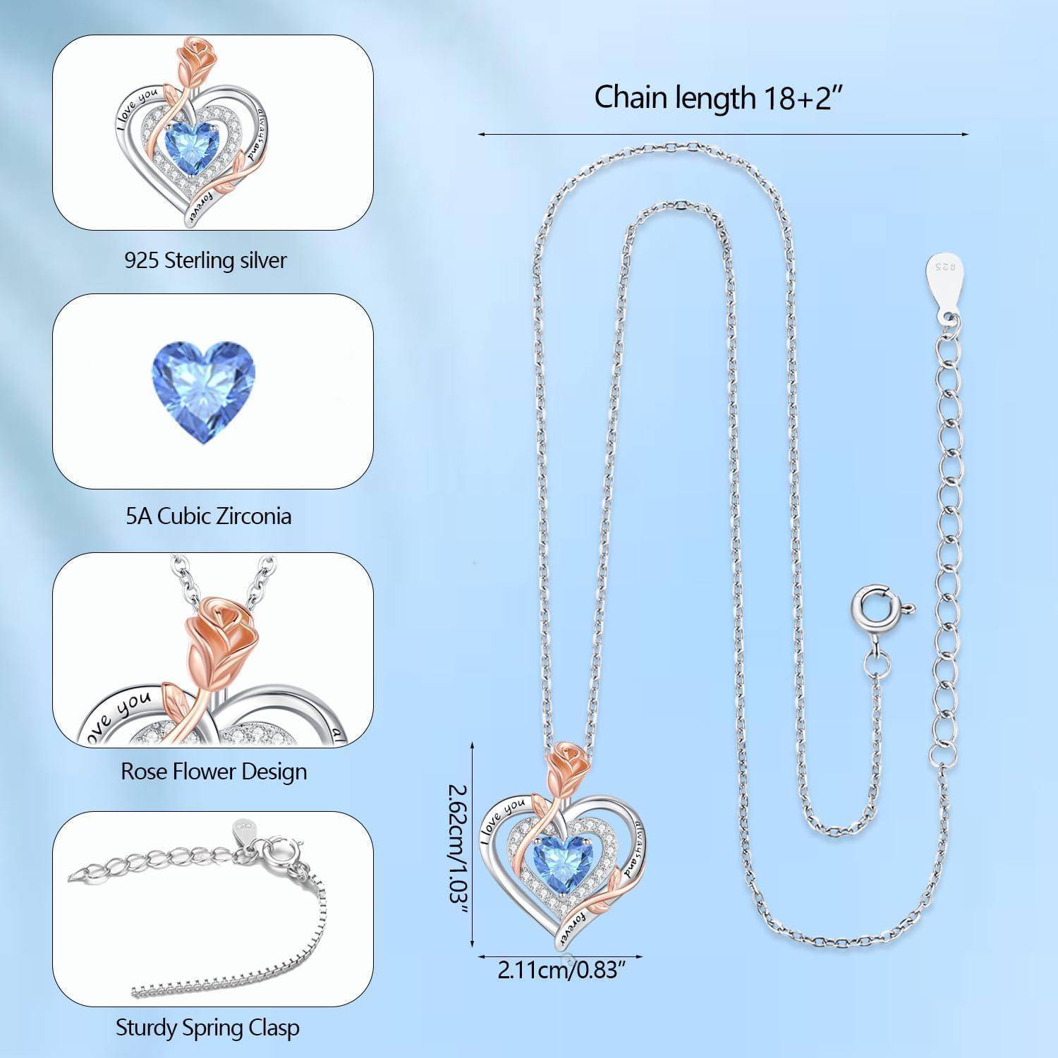 Eine herzförmige Halskette mit einem blauen Zirkonia, Rosenblumendesign und einer 925er Sterlingsilberkette, die von 18 bis 20 Zoll verstellbar ist.