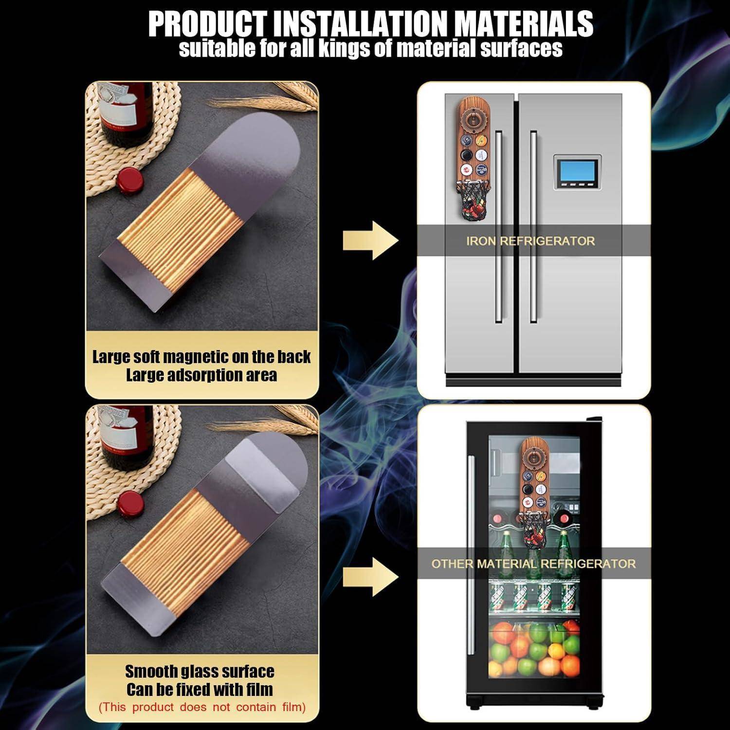 Installationsmaterialien für Produkte' zeigt die Anwendung auf Eisen- und anderen Materialien von Kühlschränken. Zu den Merkmalen gehören ein starker magnetischer Rücken und Filmfixierung.