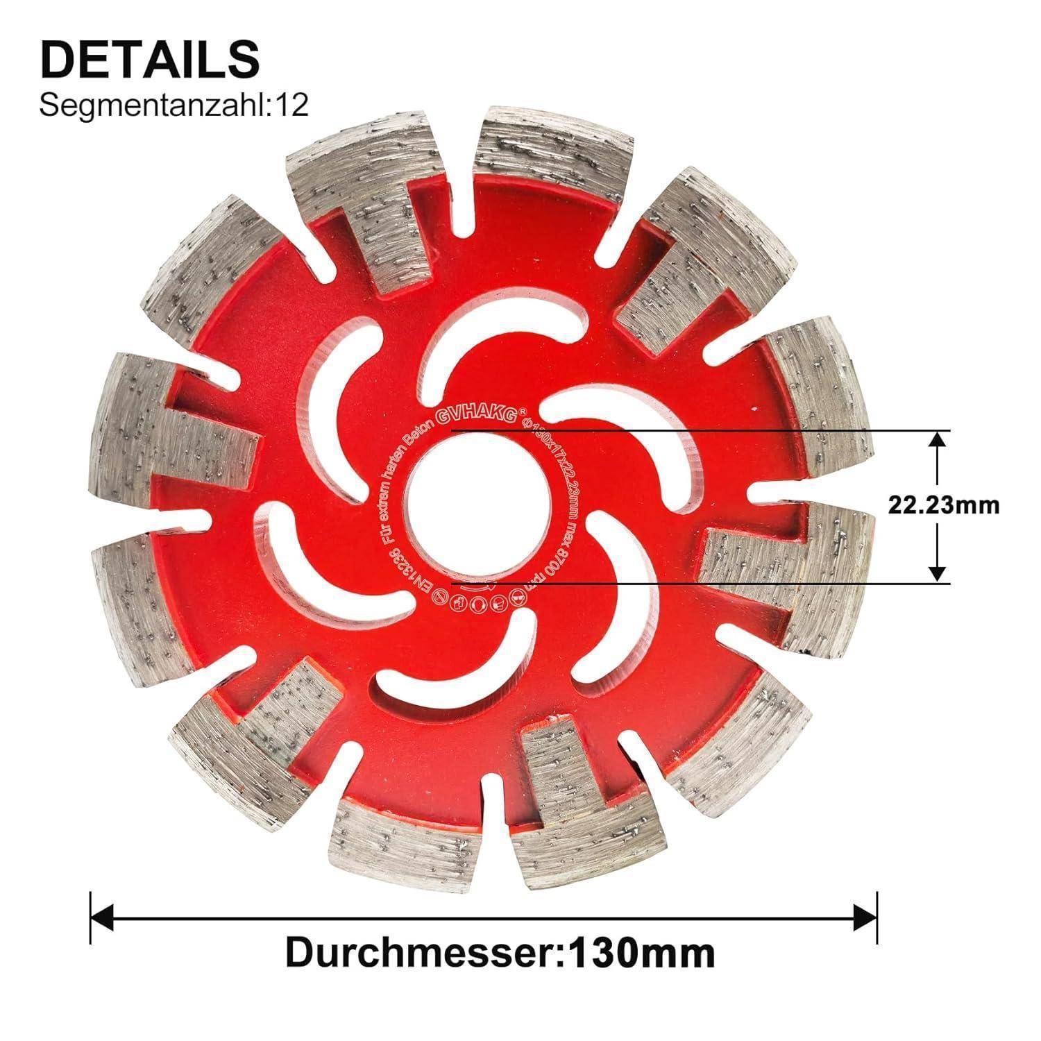 Eine rote Diamantsägeblatt mit 12 Segmenten, beschriftet mit 'Durchmesser: 130 mm' und '22,23 mm', die den Durchmesser und die Größe des Innenlochs angeben.