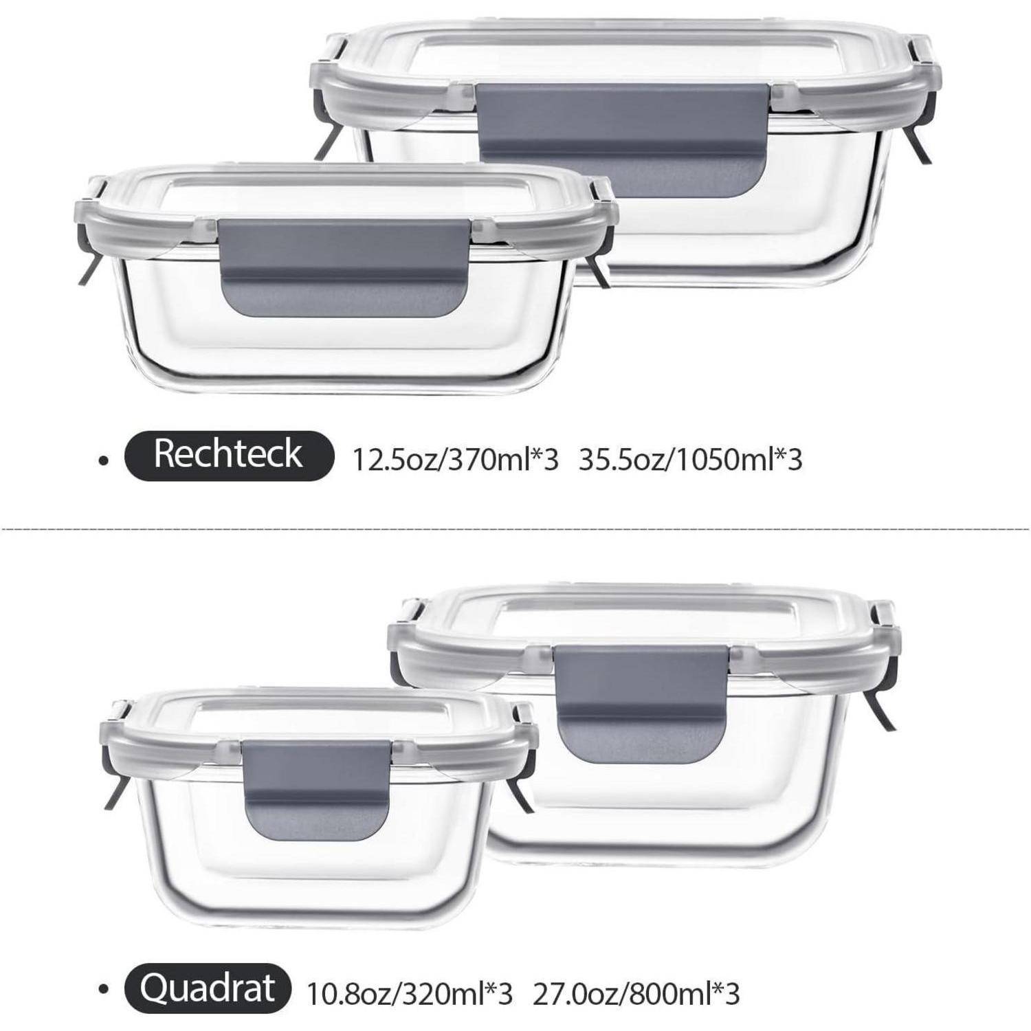 Zwei Sets von Glaslebensmittelbehältern mit grauen Clips. Oben beschriftet als 'Rechteck', 12,5 oz/370 ml und 35,5 oz/1050 ml. Unten beschriftet als 'Quadrat', 10,8 oz/320 ml und 27,0 oz/800 ml.