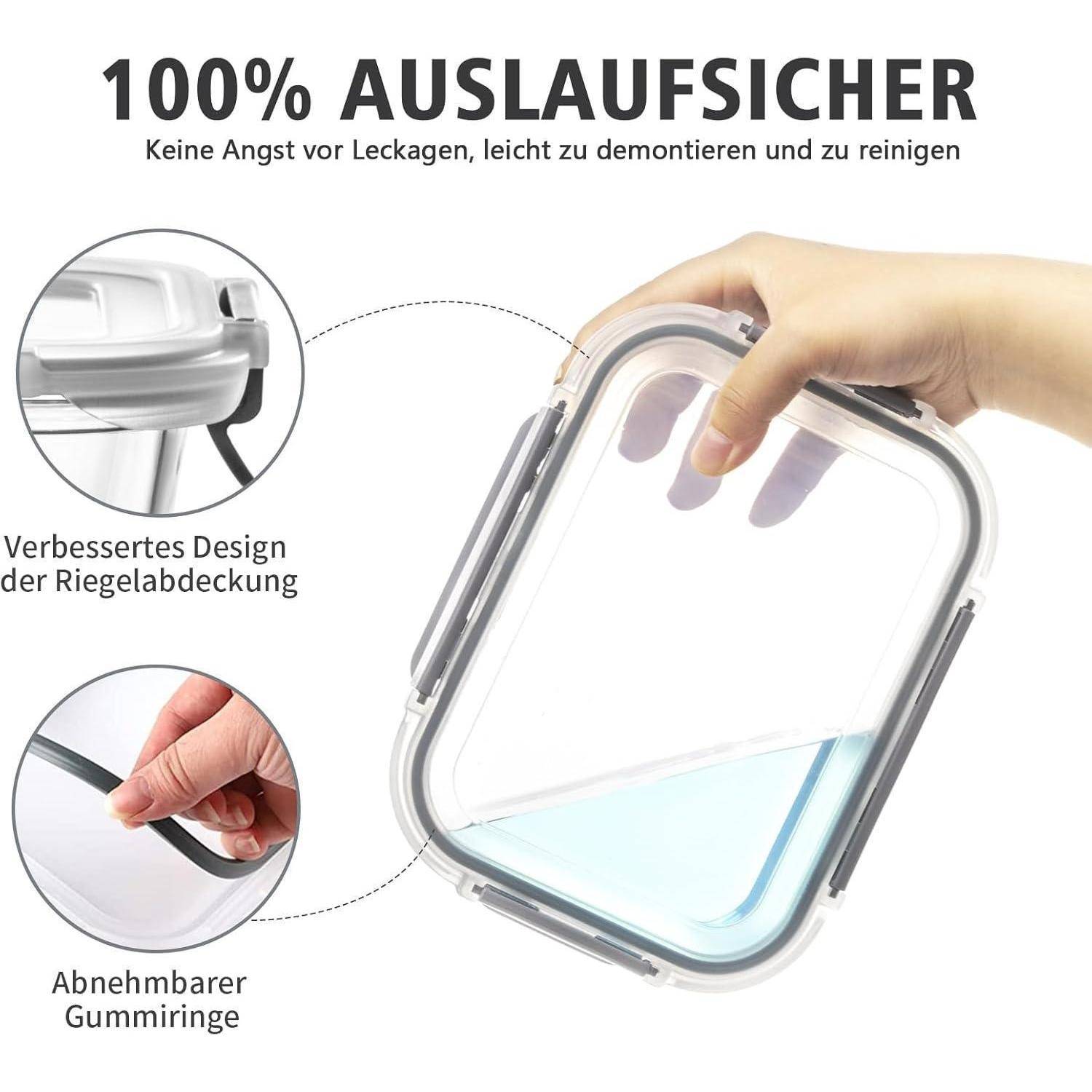Eine Hand hält einen auslaufsicheren Behälter mit einem durchsichtigen Deckel, der sichere Verschlüsse und abnehmbare Silikonabdichtungen aufweist. Text auf Deutsch hebt seine Eigenschaften hervor.