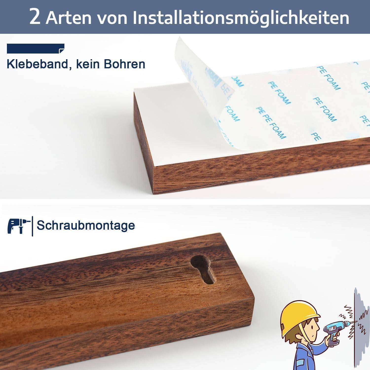 2 Installationsmethoden': Klebemontage ohne Bohren zeigt ein Element mit Klebeband; Schraubmontage zeigt Holz mit Bohrloch.
