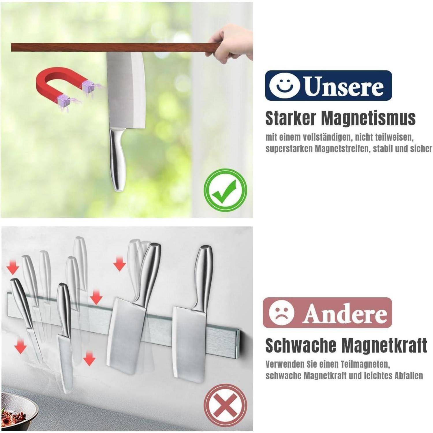 Oberes Bild zeigt Messer, die mittels starker Magnetkraft sicher an einer Magnetleiste hängen. Unteres Bild stellt Messer dar, die von einer schwachen Magnetleiste herunterfallen.