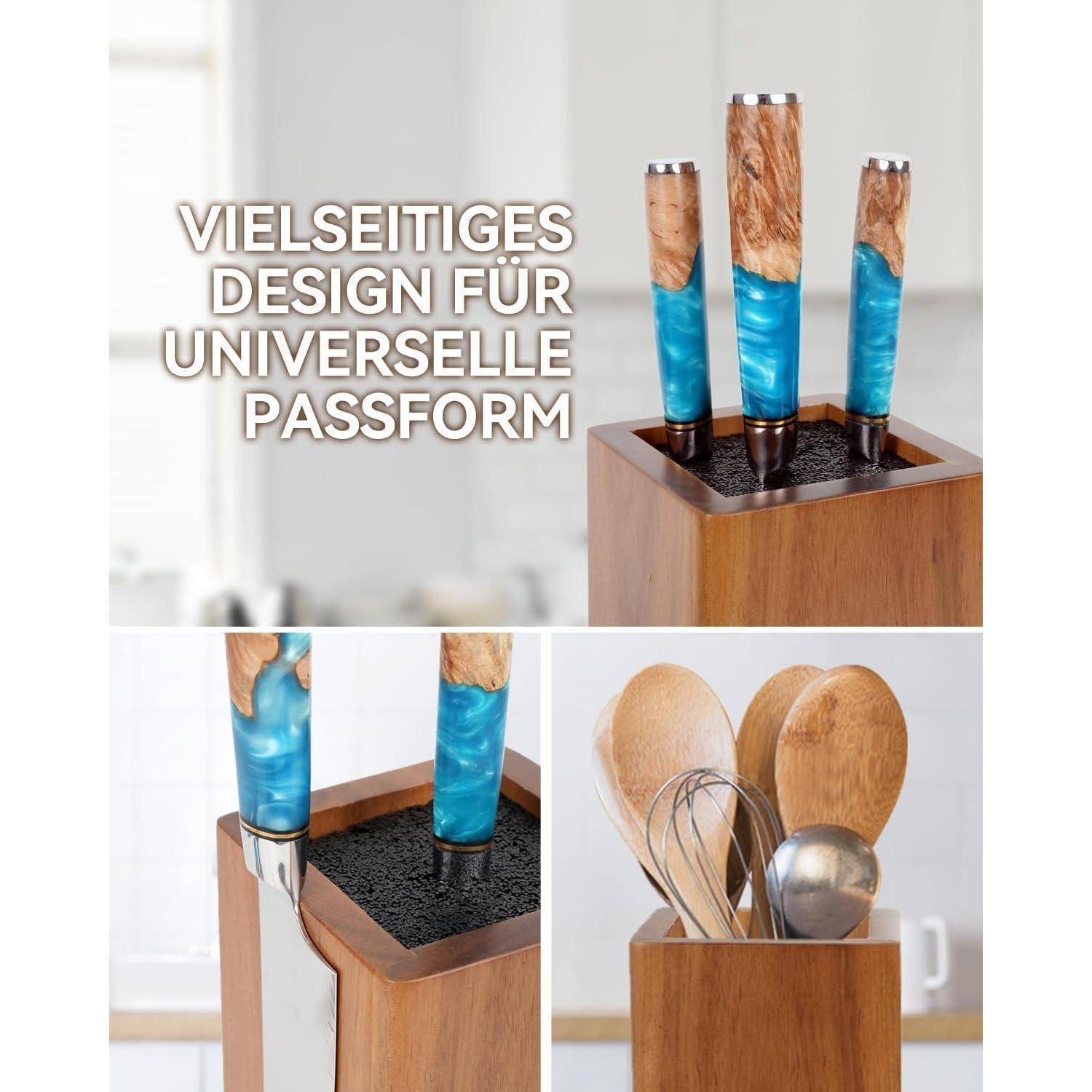 Ein Messerblock mit blau-holzfarbener Gestaltung hält drei Messer in einer Küche; der Text lautet 