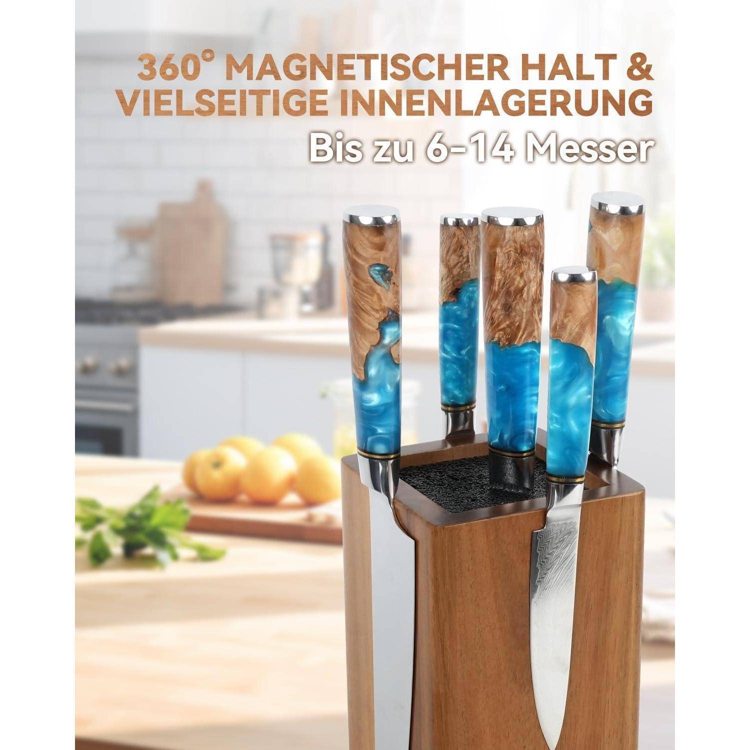Ein Magnetmesserblock hält mehrere Messer mit blauen und braunen Griffen in einer Küchenumgebung. Text liest sich: '360° Magnetischer Halt & Vielseitige Innenlagerung Bis zu 6–14 Messer'.