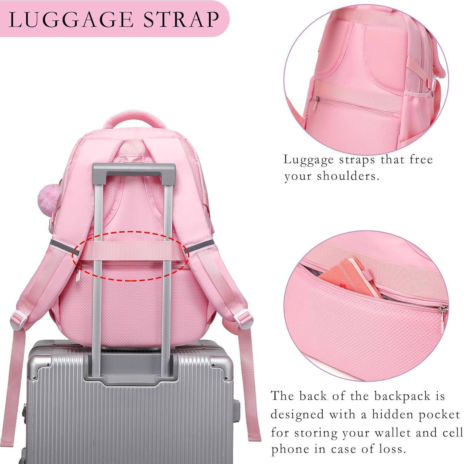 Rosa Rucksack mit Gepäckgurt zum einfachen Tragen am Trolley-Griff. Beinhaltet eine kleine versteckte Tasche zur Aufbewahrung von Geldbörse und Handy.