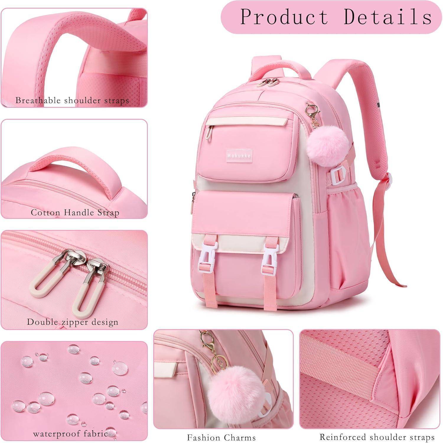 Rosa Rucksack mit mehreren Taschen und Funktionen: Baumwoll-Trageriemen, atmungsaktive und verstärkte Schultergurte, Doppelreißverschluss, wasserdichter Stoff und modische Anhänger.