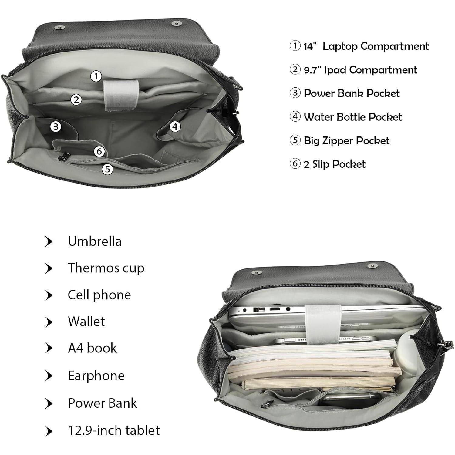 Umhängetasche mit beschrifteten Fächern: 14" Laptop, 12,9"" iPad, Powerbank, Wasserflasche, große Reißverschlusstasche, Schlitztaschen zur Organisation.
