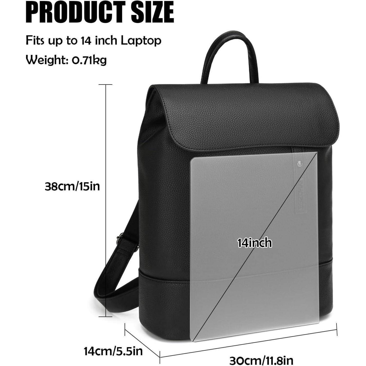 Ein schwarzer Rucksack mit gepolsterten Schultergurten und einem Laptopfach, das Laptops bis zu 14 Zoll aufnehmen kann. Abmessungen: 38 cm x 30 cm x 14 cm. Gewicht: 0,71 kg.