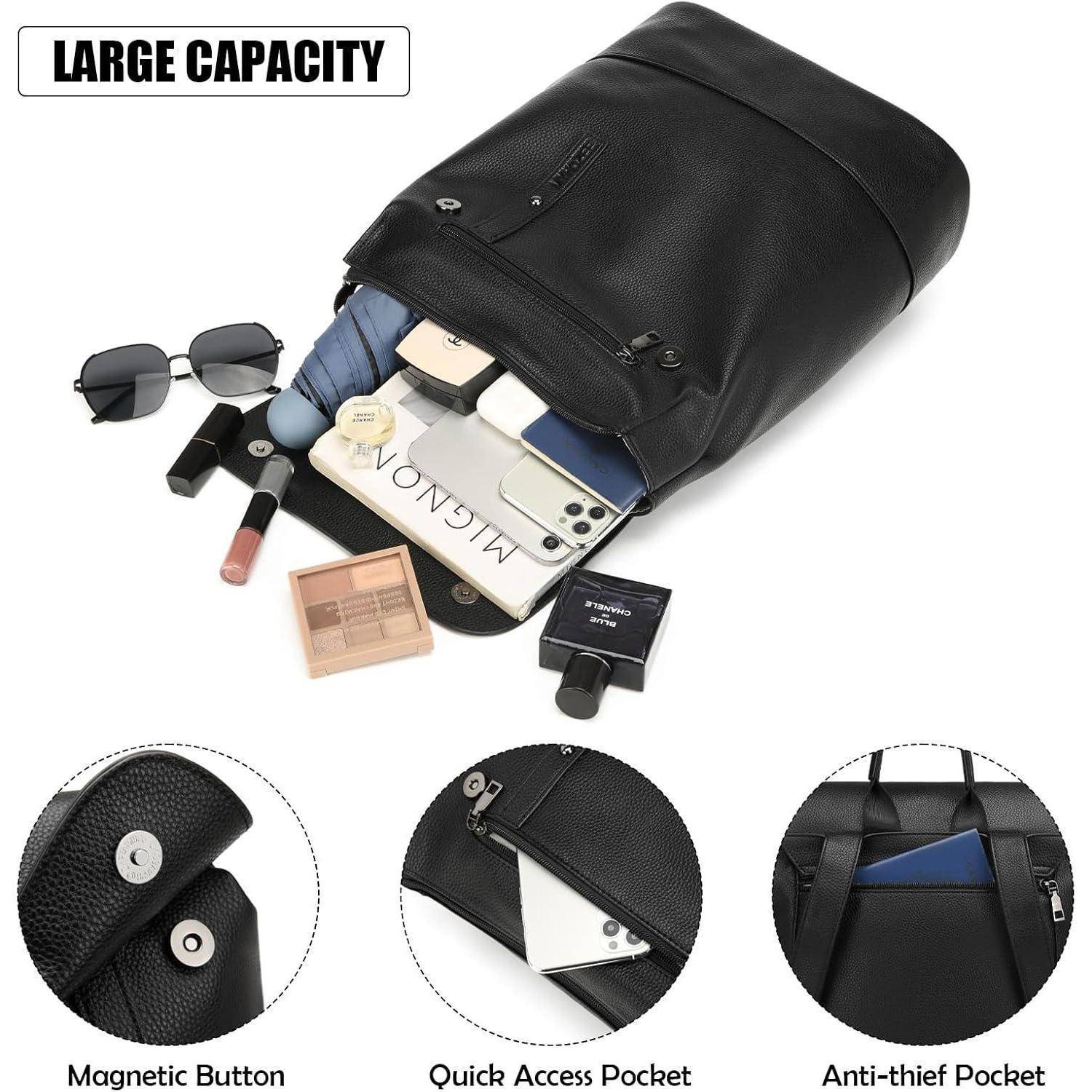 Ein schwarzer Rucksack mit dem Aufdruck 'HOHE KAPAZITÄT'. Enthaltene Gegenstände sind ein Handy, Laptop, Lippenstift, Sonnenbrille und mehr. Merkmale umfassen einen Magnetverschluss, eine Schnellzugriffstasche und eine diebstahlsichere Tasche.