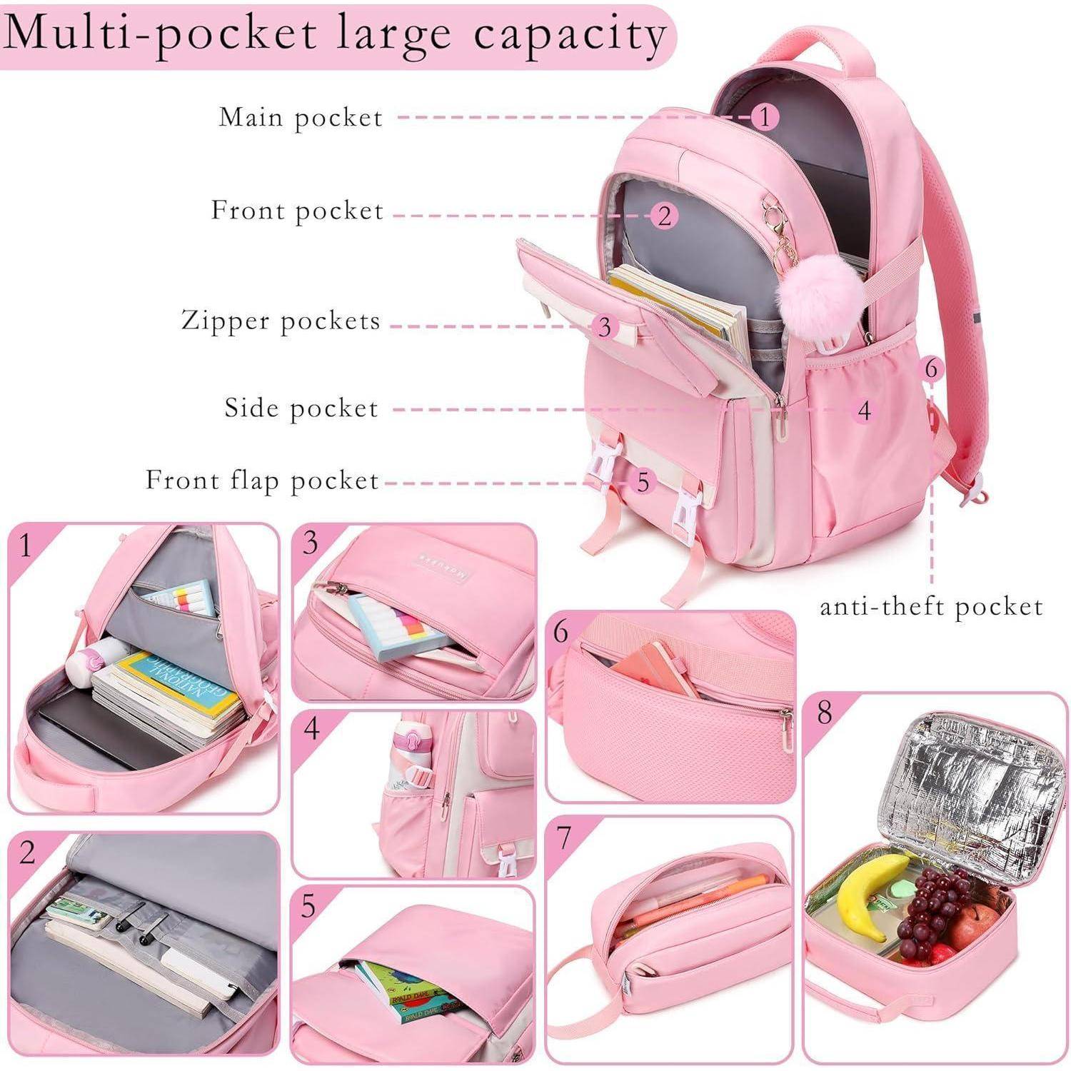 Mehrtaschiger Rucksack in Rosa mit großer Kapazität und verschiedenen Fächern: Hauptfach, Vordertasche, Reißverschlussfächer und Klappe mit Tasche. Verfügt über eine diebstahlsichere Innentasche. Zahlreiche Funktionen zum Organisieren und Verstauen von Gegenständen.