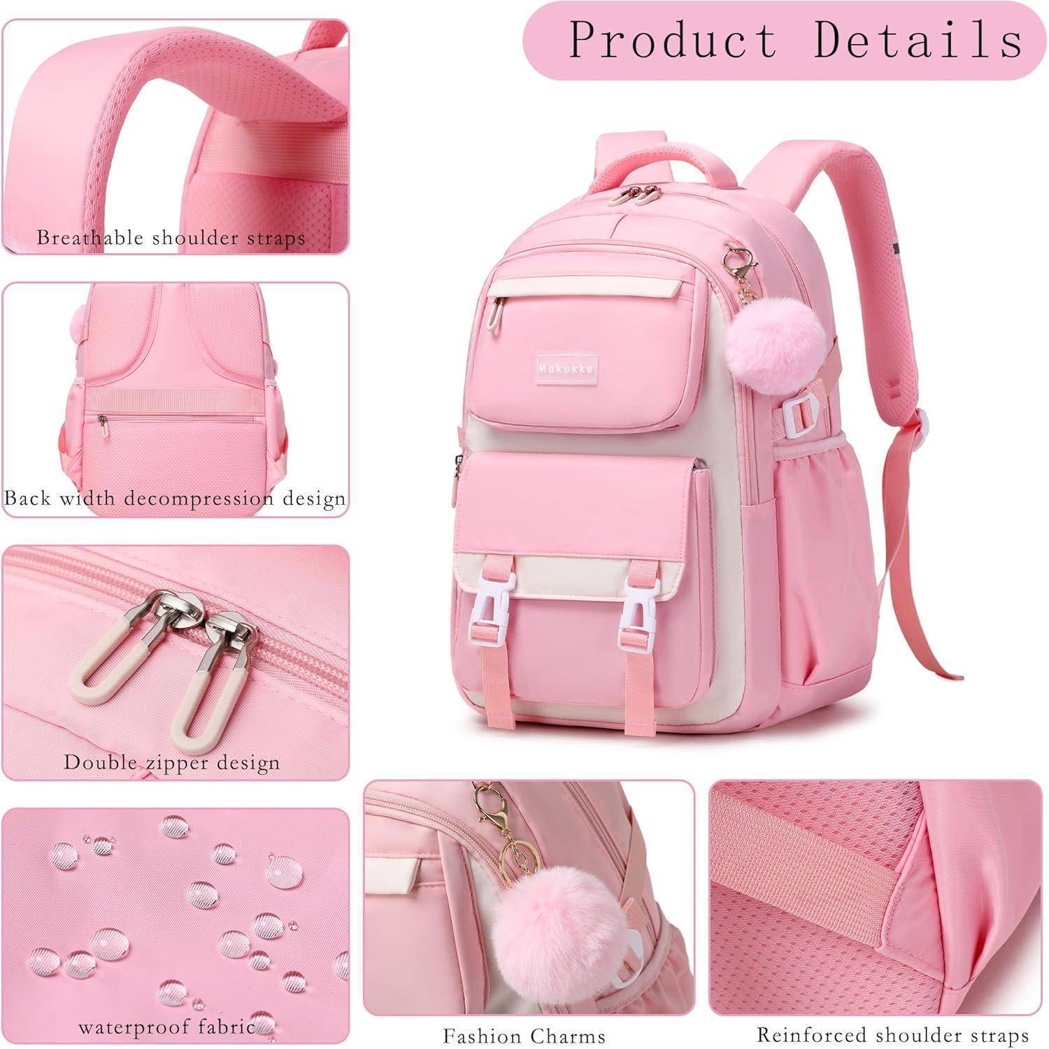 Rosa Rucksack mit atmungsaktiven Schultergurten, Doppelreißverschluss-Design, wasserdichtem Stoff und modischen Anhängern. Ausgestattet mit verstärkten Trägern und Rückenentlastungsdesign.