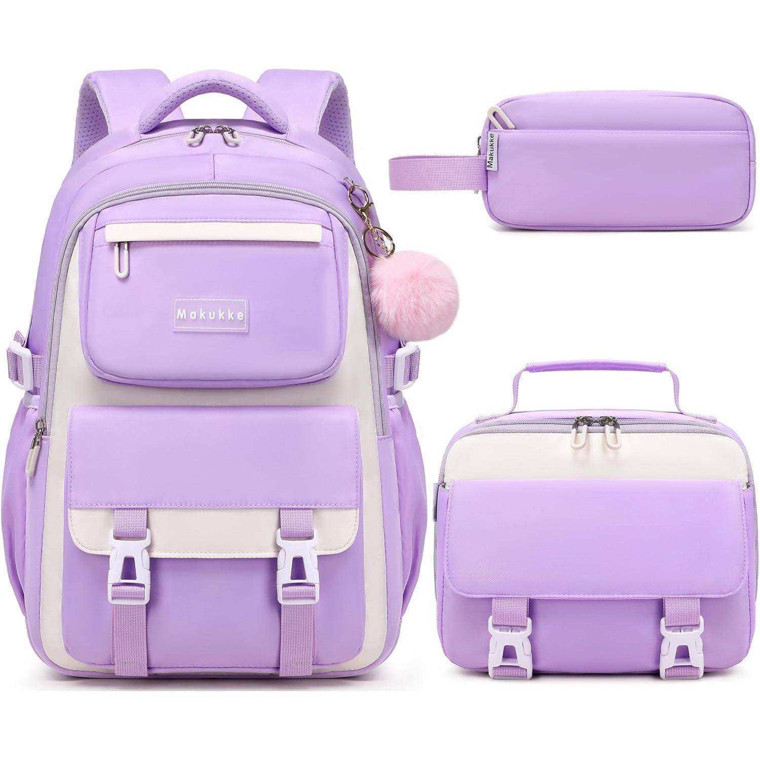 Ein Lavendel-Rucksack-Set beinhaltet einen großen Rucksack mit mehreren Fächern, ein kleines Federmäppchen und eine Brotdose.