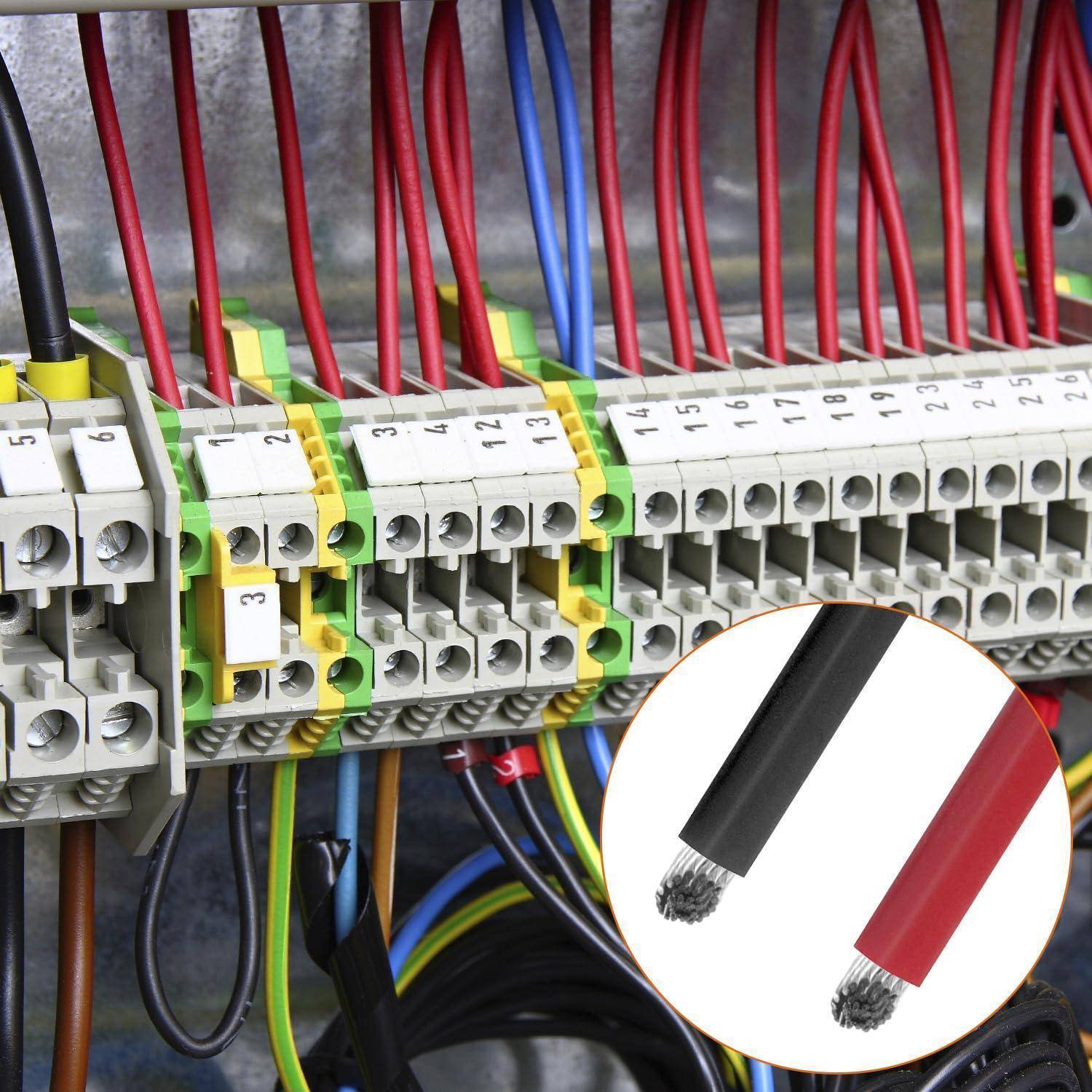Ein elektrischer Anschlussklemmenblock mit nummerierten Kabeln ist abgebildet, begleitet von einem Einsatz, der einen Nahaufnahme von roten und schwarzen Kabeln zeigt.