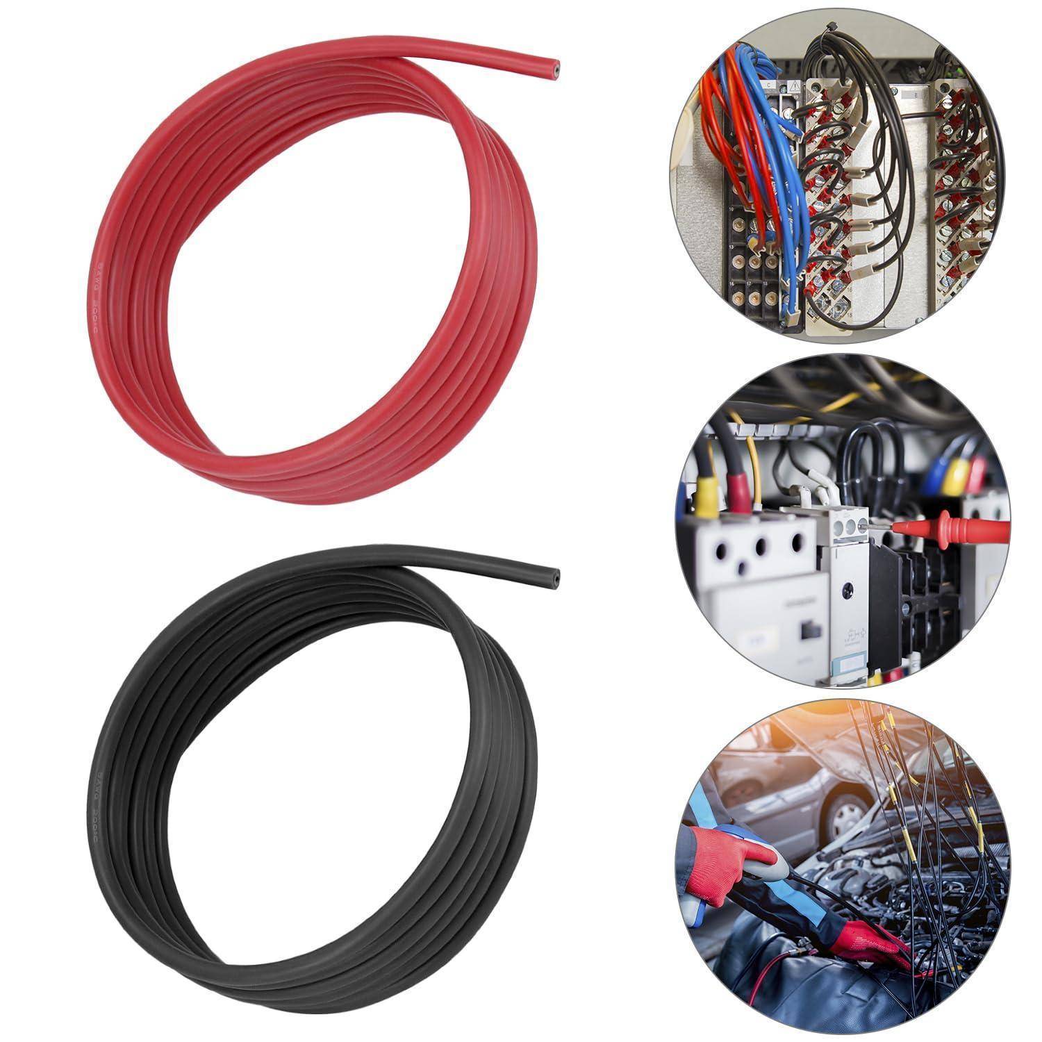 Rote und schwarze gewickelte Kabel sind abgebildet. Die Bilder zeigen elektrische Verbindungen, ein Kontrollpanel und jemanden, der unter einer Motorhaube arbeitet.