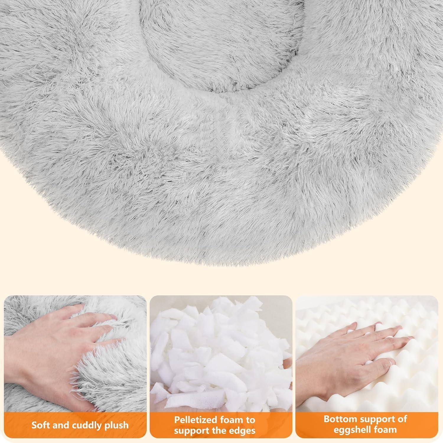 Rundes Plüsch-Haustierbett mit weicher, flauschiger Textur. Einschübe zeigen Hand, die Plüsch berührt, Schaumstoffstücke für Bettunterstützung und Details zur Eischaumstruktur.