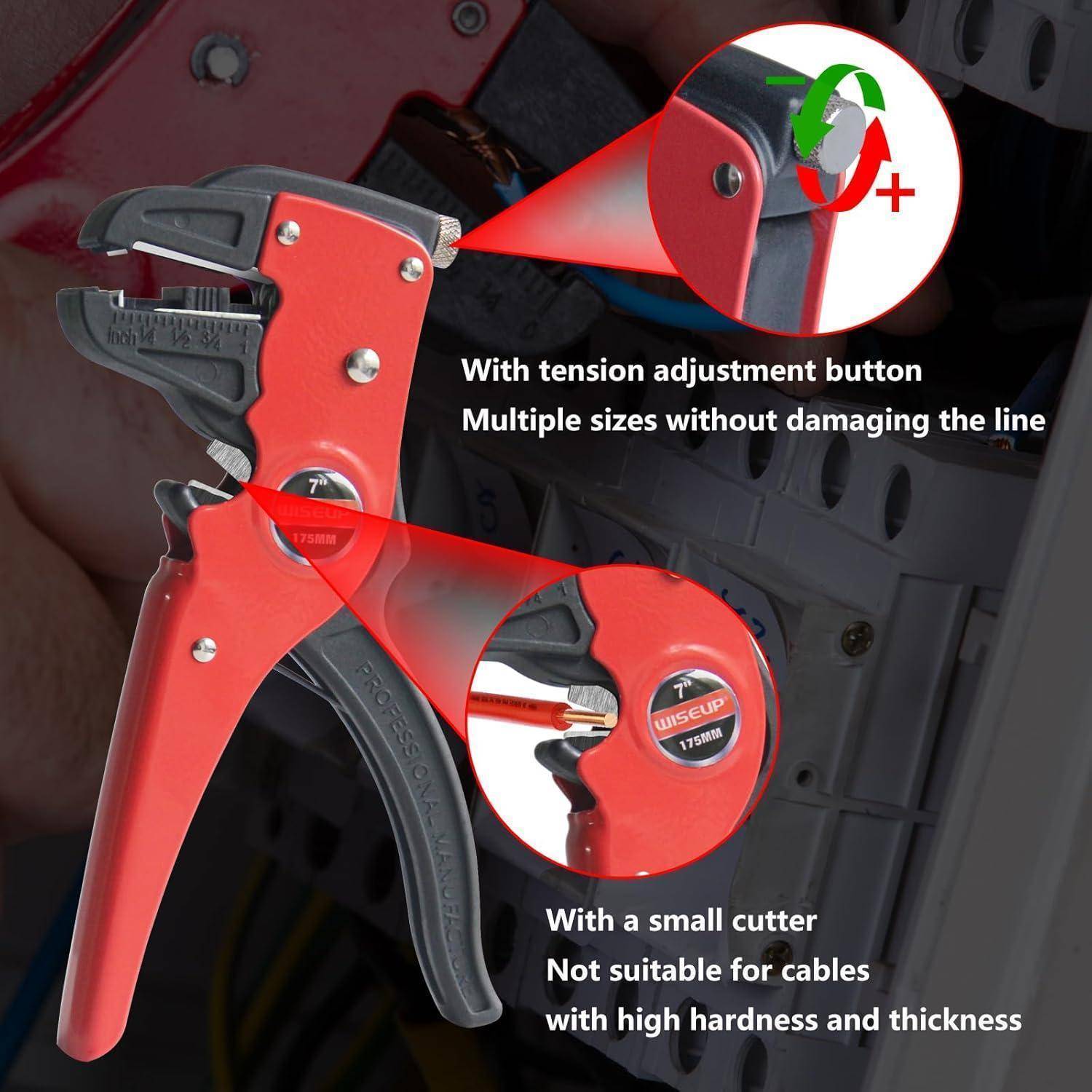 Roter Abisolierer mit Spannungseinstellungsknopf und Schneider, entwickelt für verschiedene Drahtgrößen ohne Beschädigung. Geeignet für mittelweiche bis weiche Drähte, nicht ideal für harte Drähte.