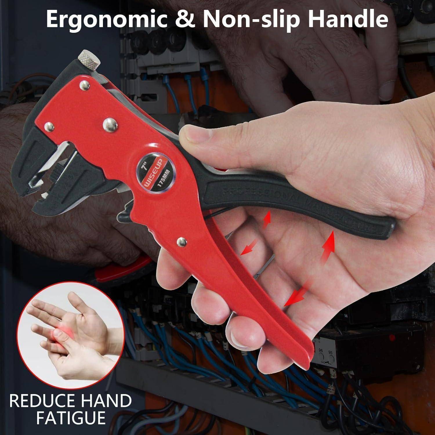 Ein rotes Werkzeug mit einem ergonomischen rutschfesten Griff wird von einer Person über Kabeln gehalten. Der Bildtext besagt: 