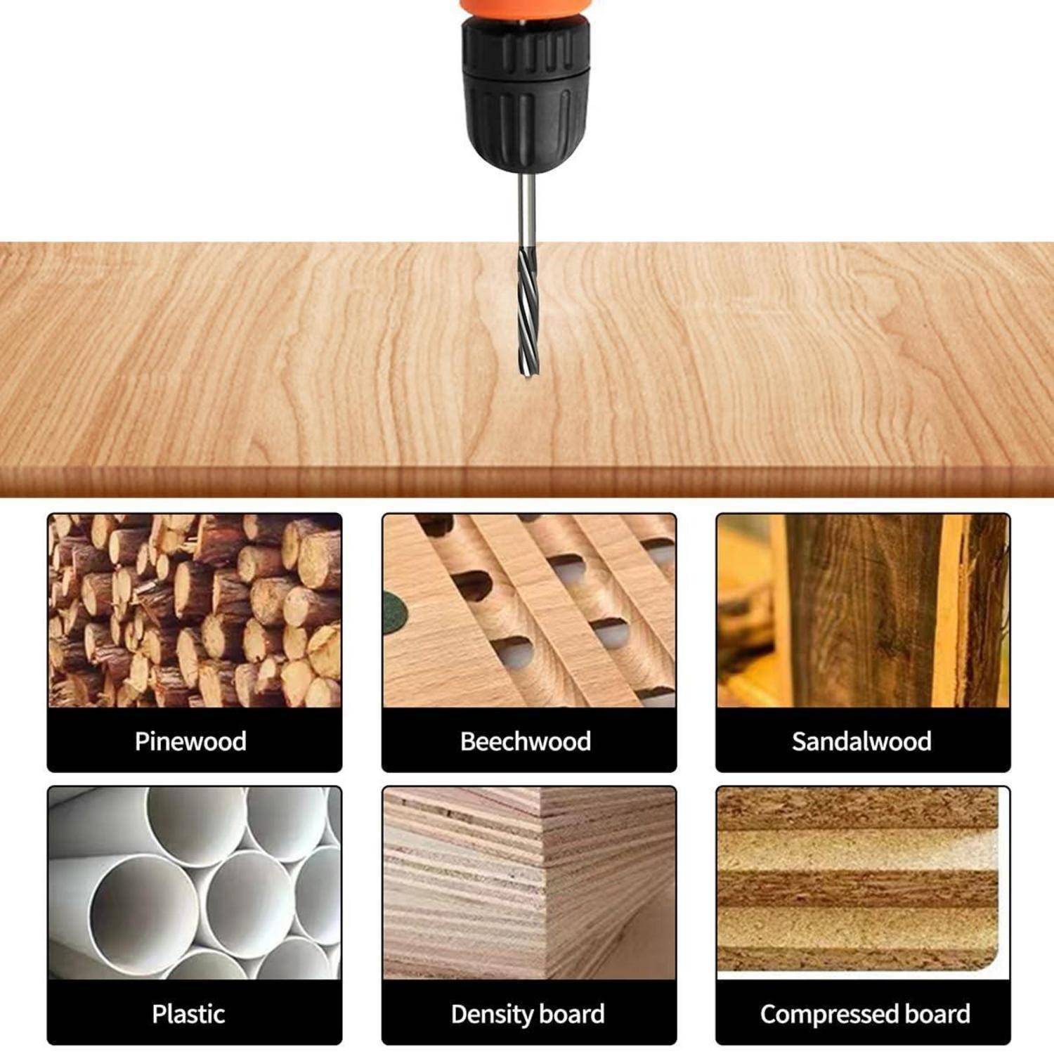 Bohrer vor Holzplanenhintergrund, mit sechs Materialbildern: Kiefernholz, Buchenholz, Sandelholz, Kunststoff, Spanplatte, Pressholz