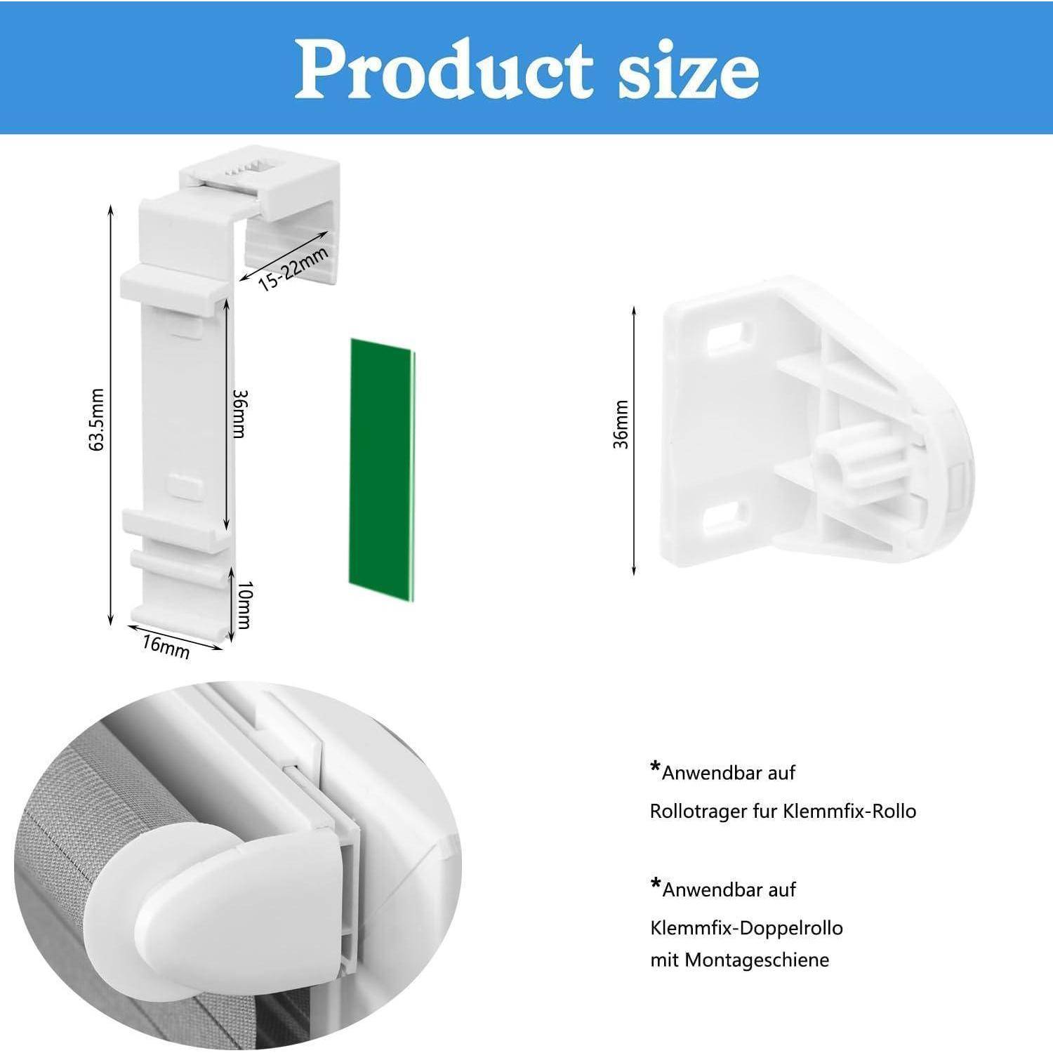Produktgröße 15-22 mm Breite, 63,5 mm Höhe, 16 mm Tiefe. Geeignet für Klemmfix-Rollo und Klemmfix-Doppelrollo.