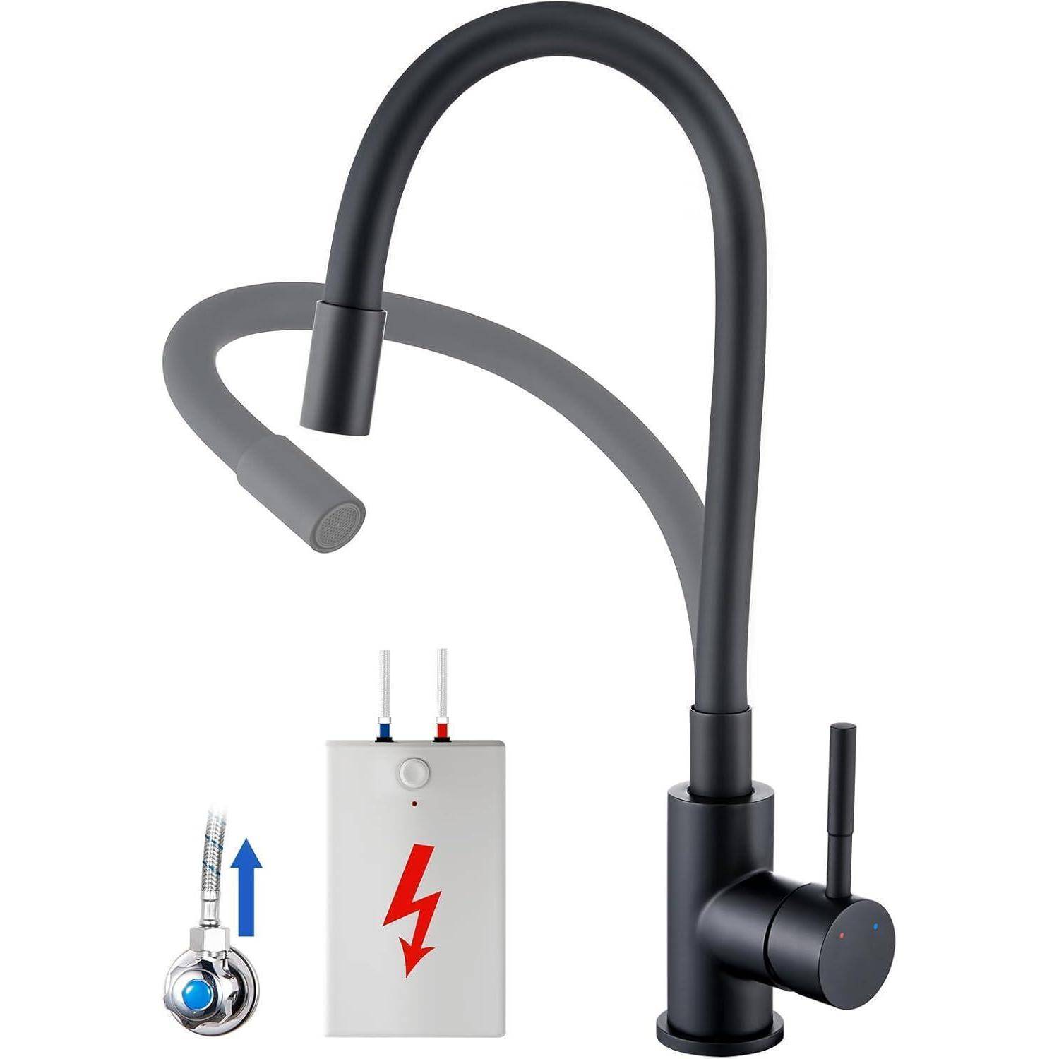 Das Bild zeigt einen schwarzen flexiblen Küchenarmatur mit einem geschwungenen Auslauf und einem seitlichen Hebel, zusammen mit einer Warmwasserbereitungsanlage mit einem Blitzsymbol für Elektrizität.