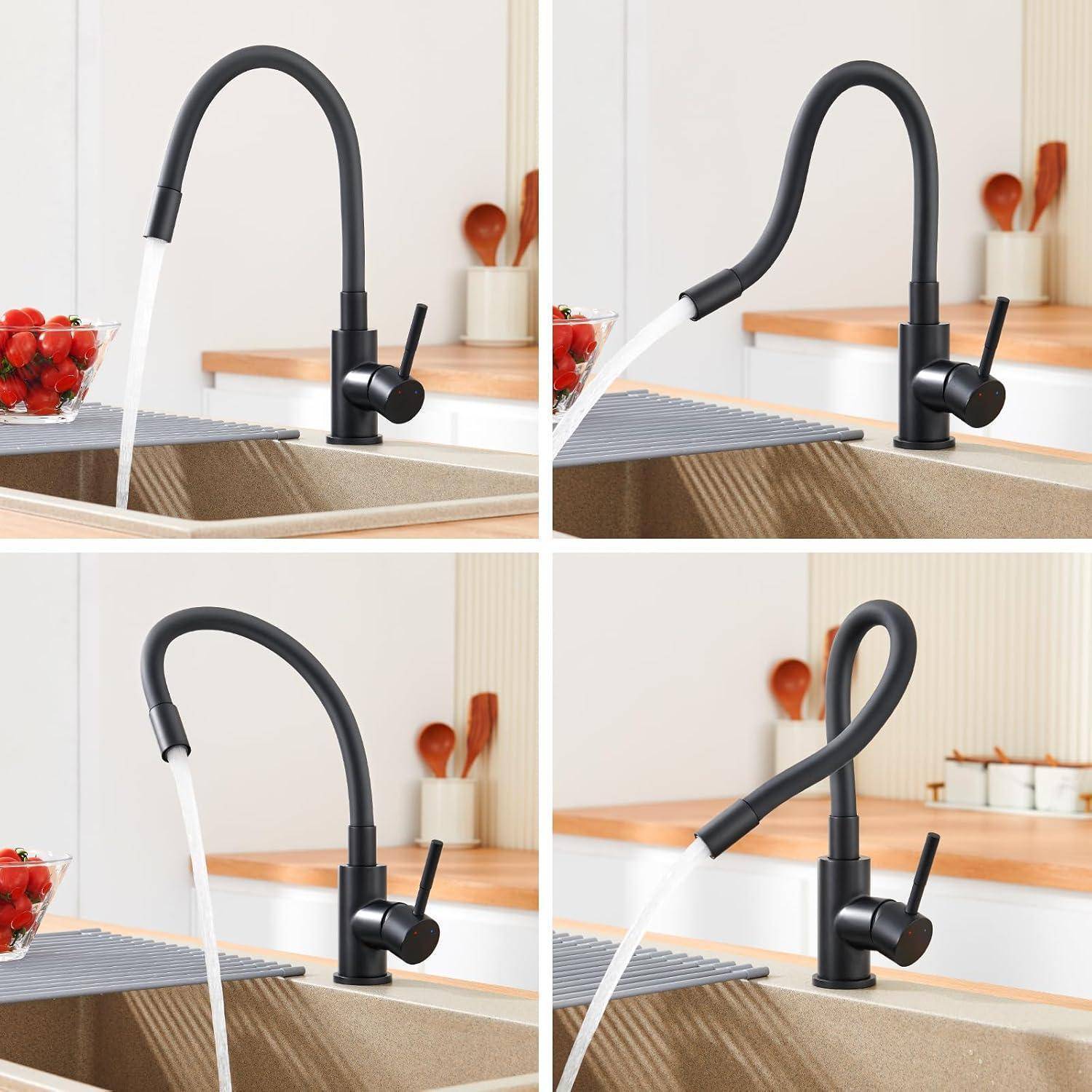 Ein Wasserhahn für die Küche mit einem flexiblen, verstellbaren Hals, der in vier verschiedenen Positionen gezeigt wird und dessen Bewegungsbereich über einem Waschbecken demonstriert wird.