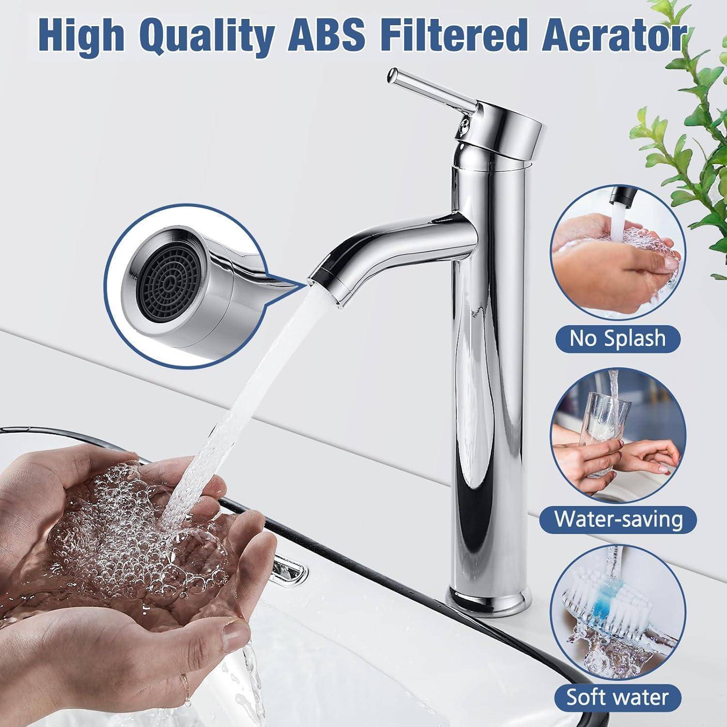 Hochwertiger ABS Gefilterte Belüfter-Wasserhahn mit gleichmäßigem Wasserfluss, ohne Spritzer, wassersparend. Zu den Merkmalen gehören weiches Wasser; Hand demonstriert die Verwendung.