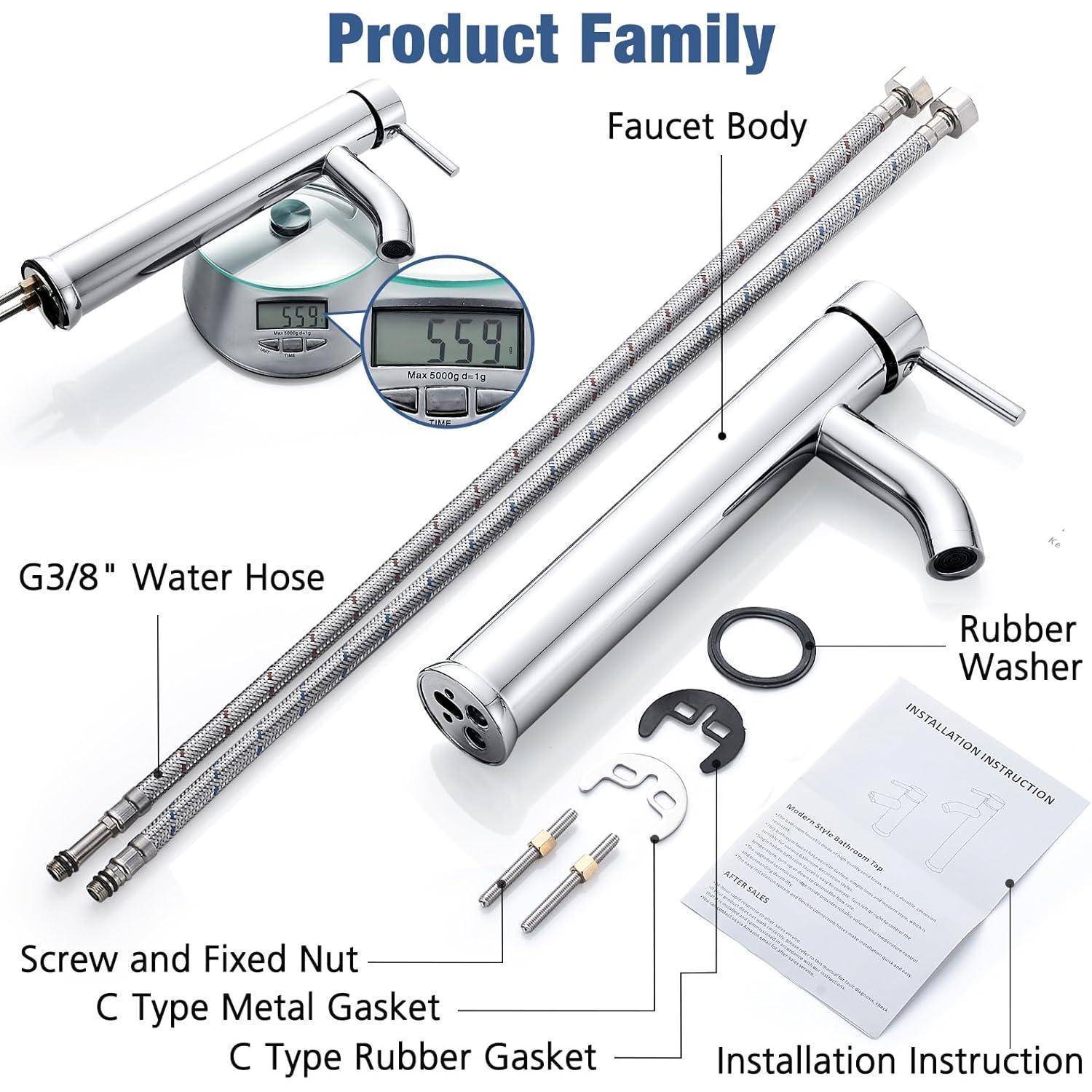 Produktfamilie-Bild mit einem Edelstahl-Wasserhahn, detaillierten Komponenten wie G3/8