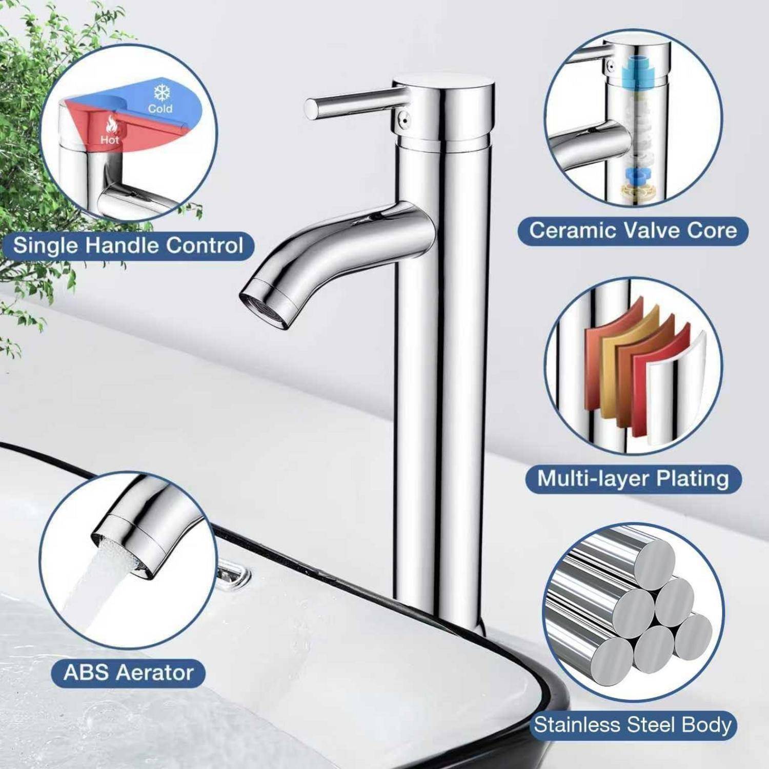 Hoher Wasserhahn aus Edelstahl mit folgenden Merkmalen: Einhebelbedienung, Keramik-Ventilkern, mehrschichtige Beschichtung, ABS-Luftsprudler.