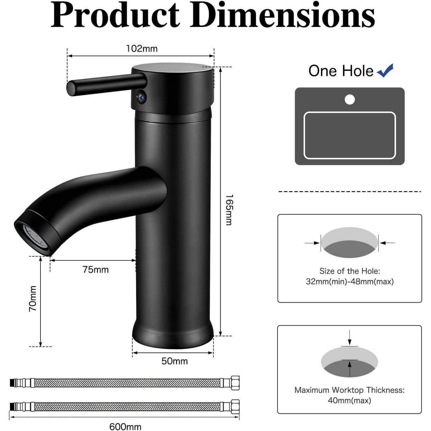 Die Produktabmessungen zeigen einen schwarzen Wasserhahn mit einer Höhe von 165 mm, einer Auslauflänge von 102 mm, einem erforderlichen Loch und einer maximalen Arbeitsplattendicke von 40 mm.