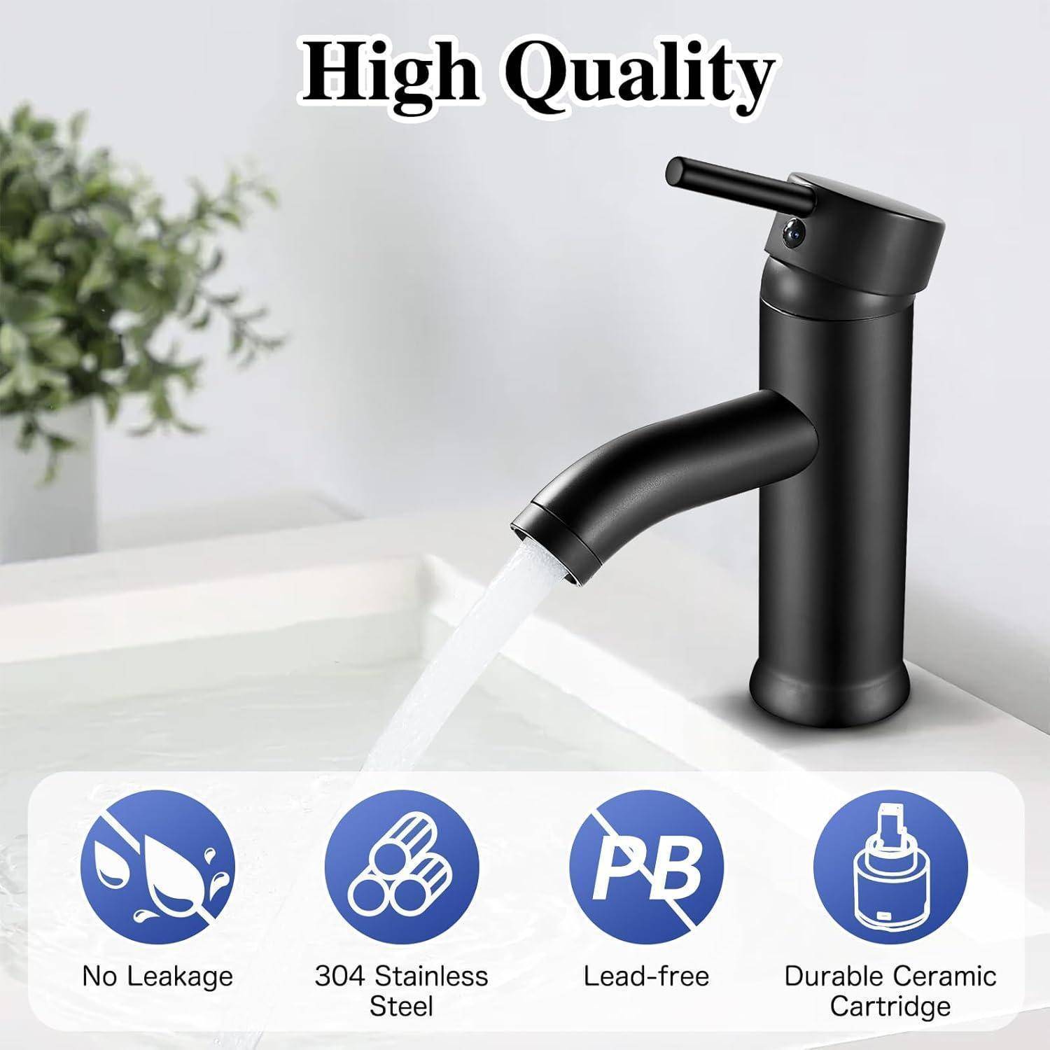 Ein schwarzer Wasserhahn mit fließendem Wasser, beschriftet mit ‚Höchste Qualität'. Symbole darunter zeigen keine Undichtigkeit, Edelstahl, bleifrei, robuste Keramikkartusche.