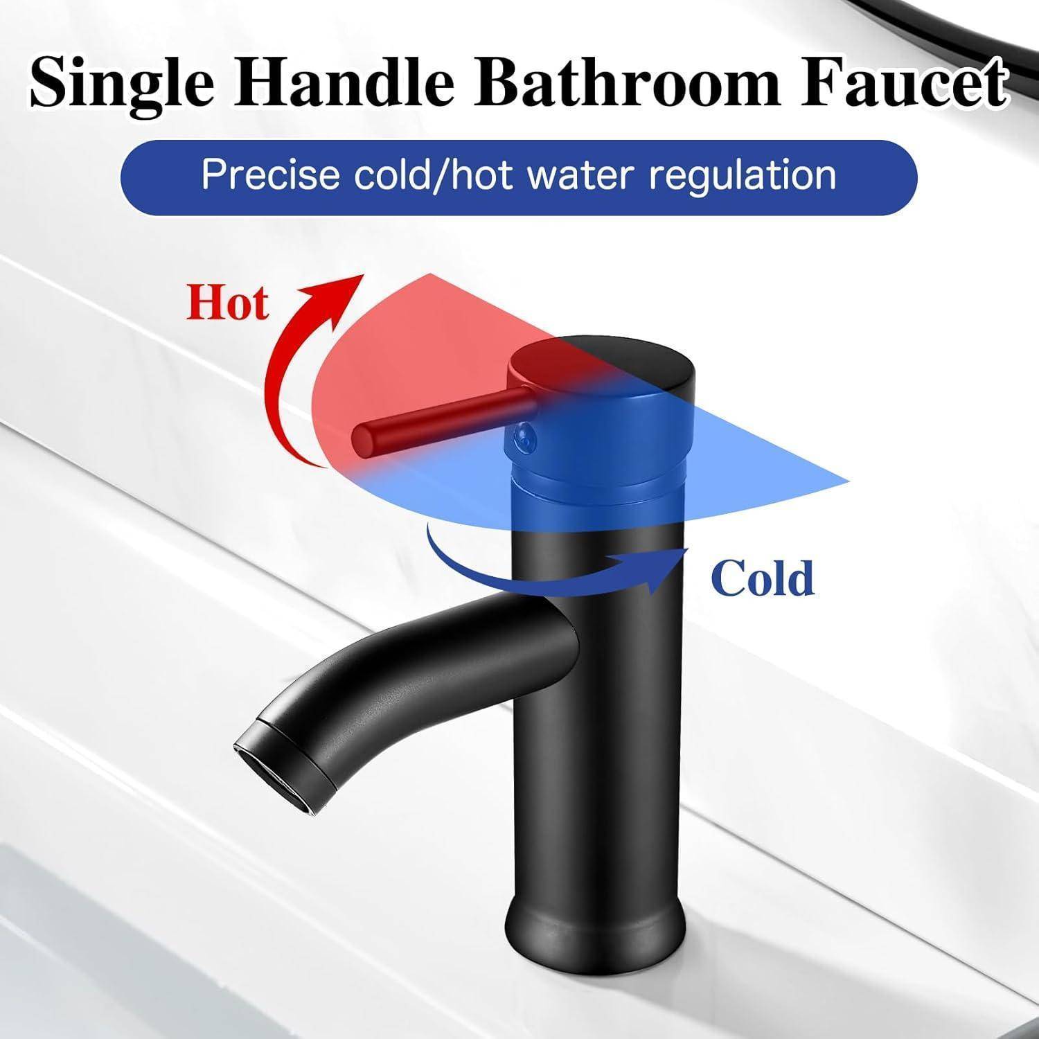 Schwarze Einhandarmatur für das Badezimmer mit Darstellung der Warmwasser- und Kaltwasserregulierung, mit roten und blauen Pfeilen zur Richtungsanzeige.