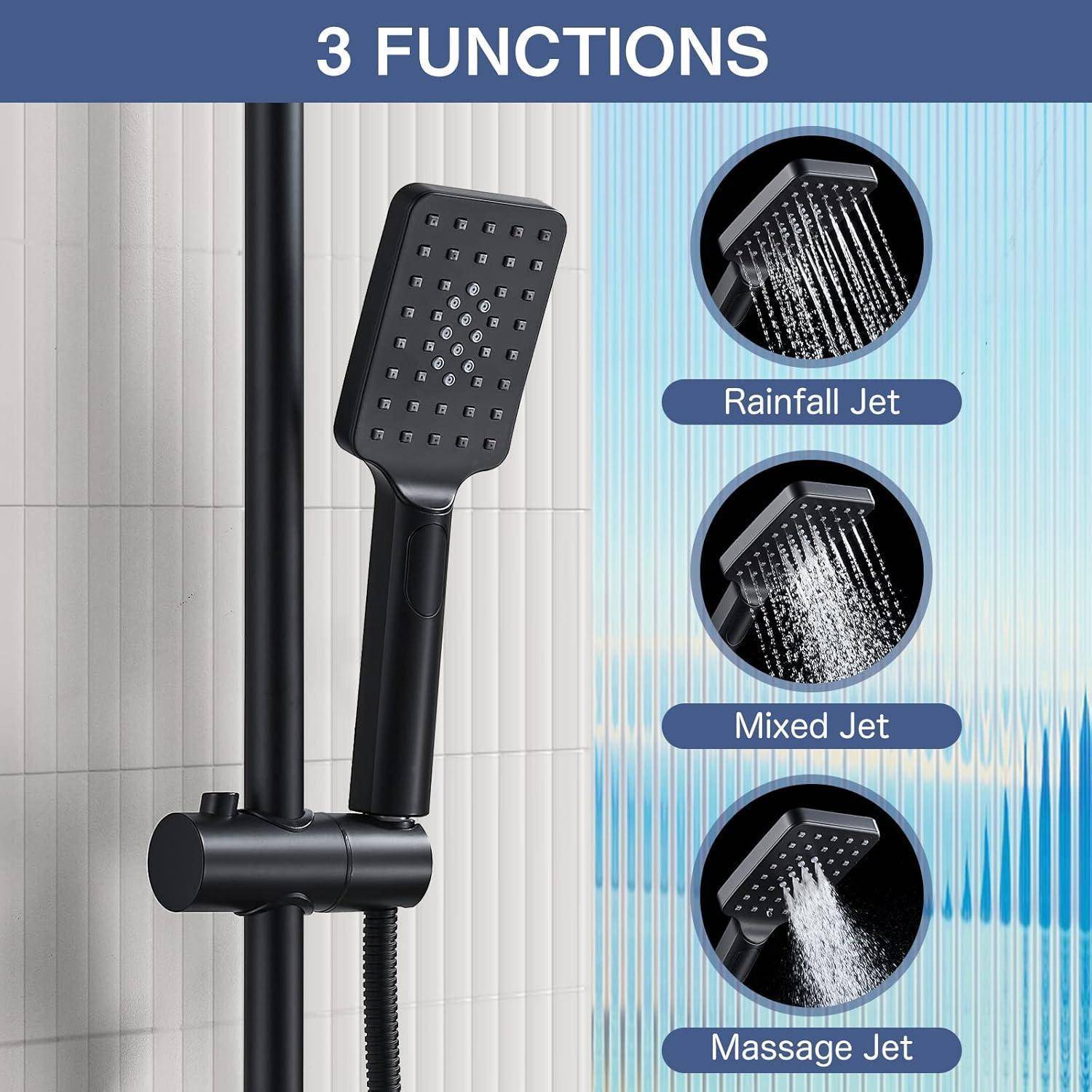 Duschkopf mit '3 Funktionen': Regenschauer-Strahl, Gemischter Strahl und Massage-Strahl, dargestellt durch Wasserflussbilder, vor einer gefliesten Wand.