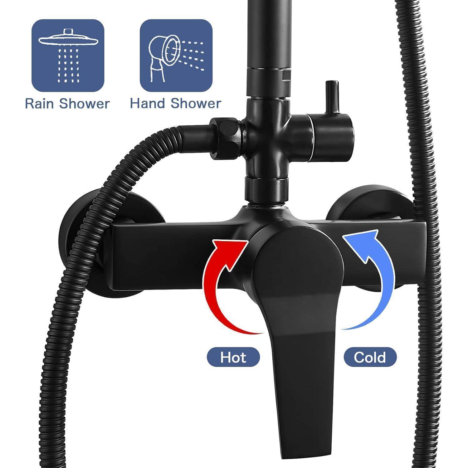 Duschkopf mit zwei Optionen: 'Regendusche' und 'Handbrause'. Temperaturregler mit rotem Pfeil für 'Heiß' und blauem Pfeil für 'Kalt'.