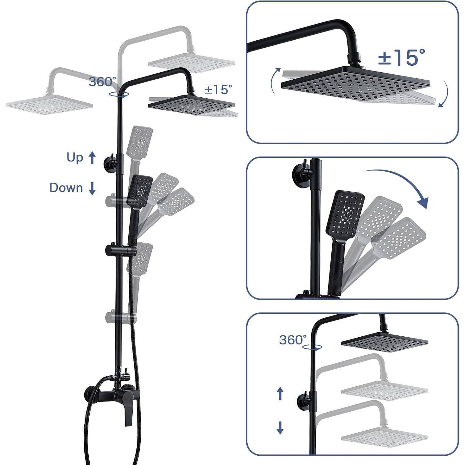 Duschkopf mit verstellbarer Höhe und Neigung, rotiert 360 Grad. Einsetzer zeigen Neigung von 15 Grad und vertikale Verstelloptionen.