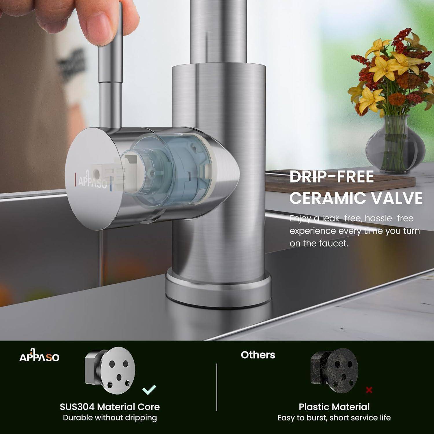 Tropffreier Keramik-Ventil-Wasserhahn in Küchenumgebung; Vergleich des Metallkerns aus 'SUS304-Material' im Vergleich zum Kunststoff anderer Hersteller.